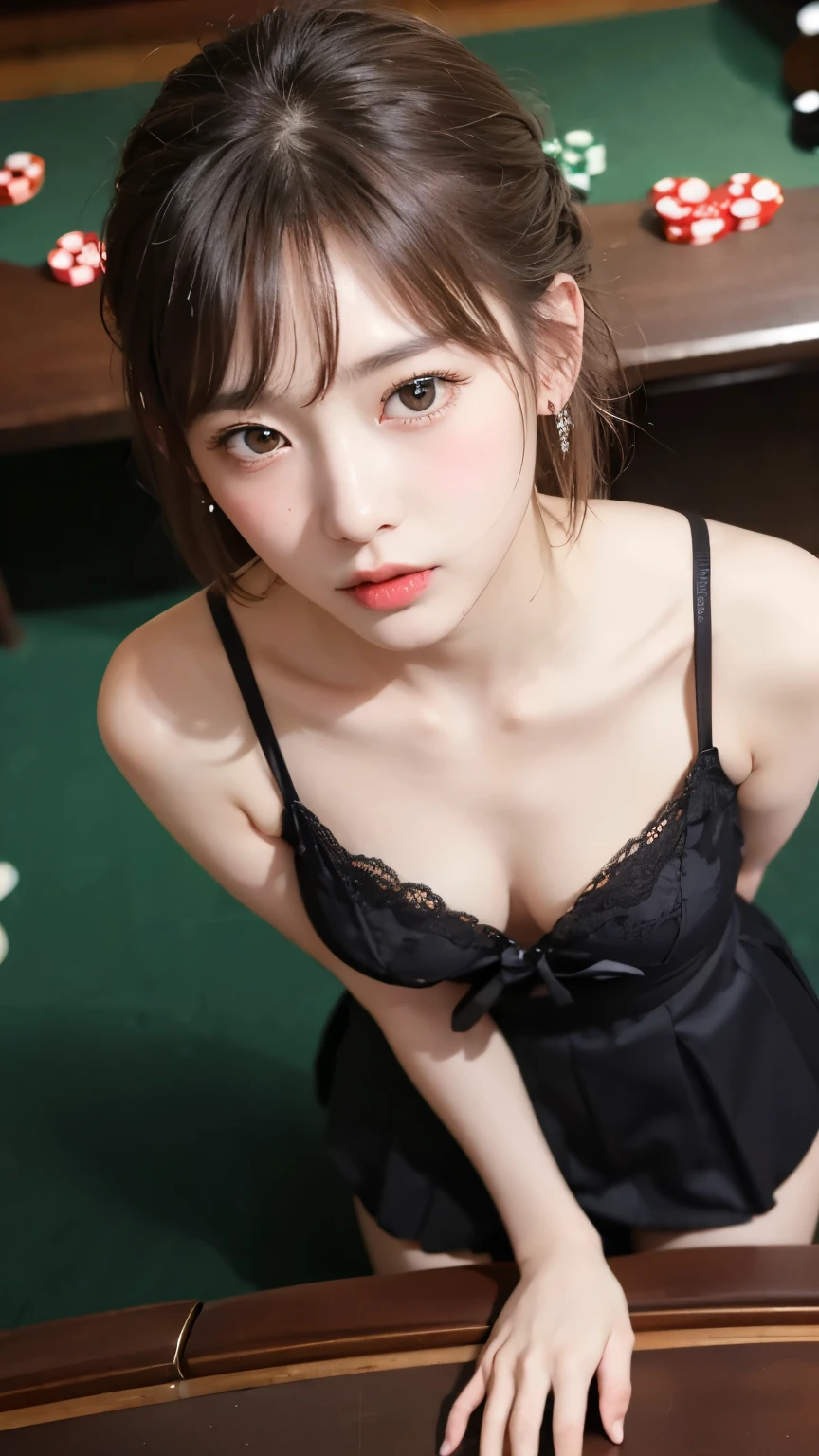 、High resolution、超High resolution、photograph、Japanese Women、Staring provocatively at each other、cute、Age 25、、Highly detailed skin、Japanese、、、Beautiful Face、Staring Eyes、Transparency、Even skin、細部まではっきりとexplanation、Natural skin correction、、explanation、Beautiful thighs、、Small Face、、、胸元が開いたcasinoの女メイドの服、thin、casino、Striking a lewd pose on the table、Short Hair、Updo、accessories(Earrings)、、Dark interior、Beautiful armpits、Shooting from above、Put your back on the table、A pair of arms、Peeing、Look at my genitals、Female genitals covered in love juice、Beautiful Vagina