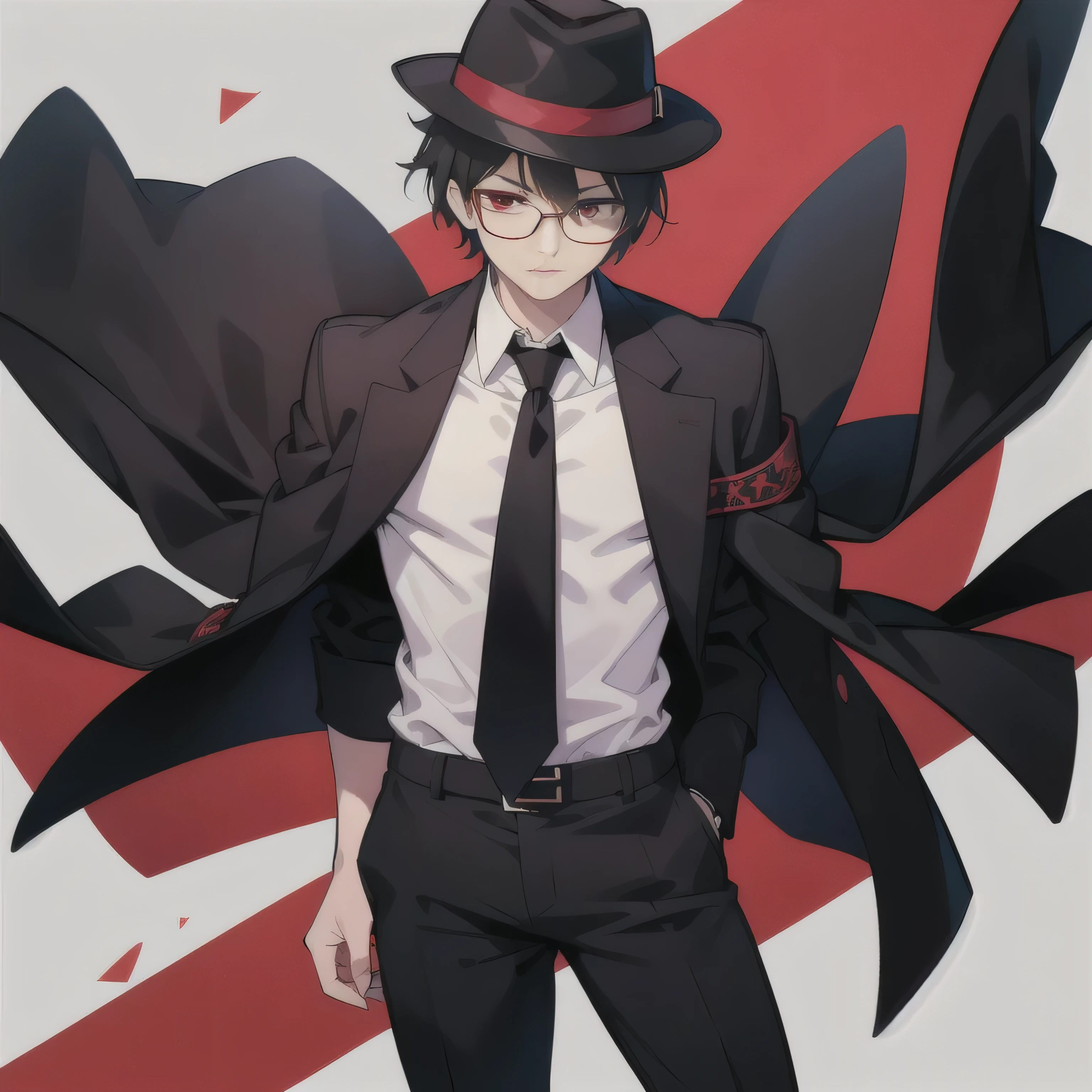 1 man, black short hair, red eyes, black glasses, fedora, black suit, white t-shirts, necktie, black pants