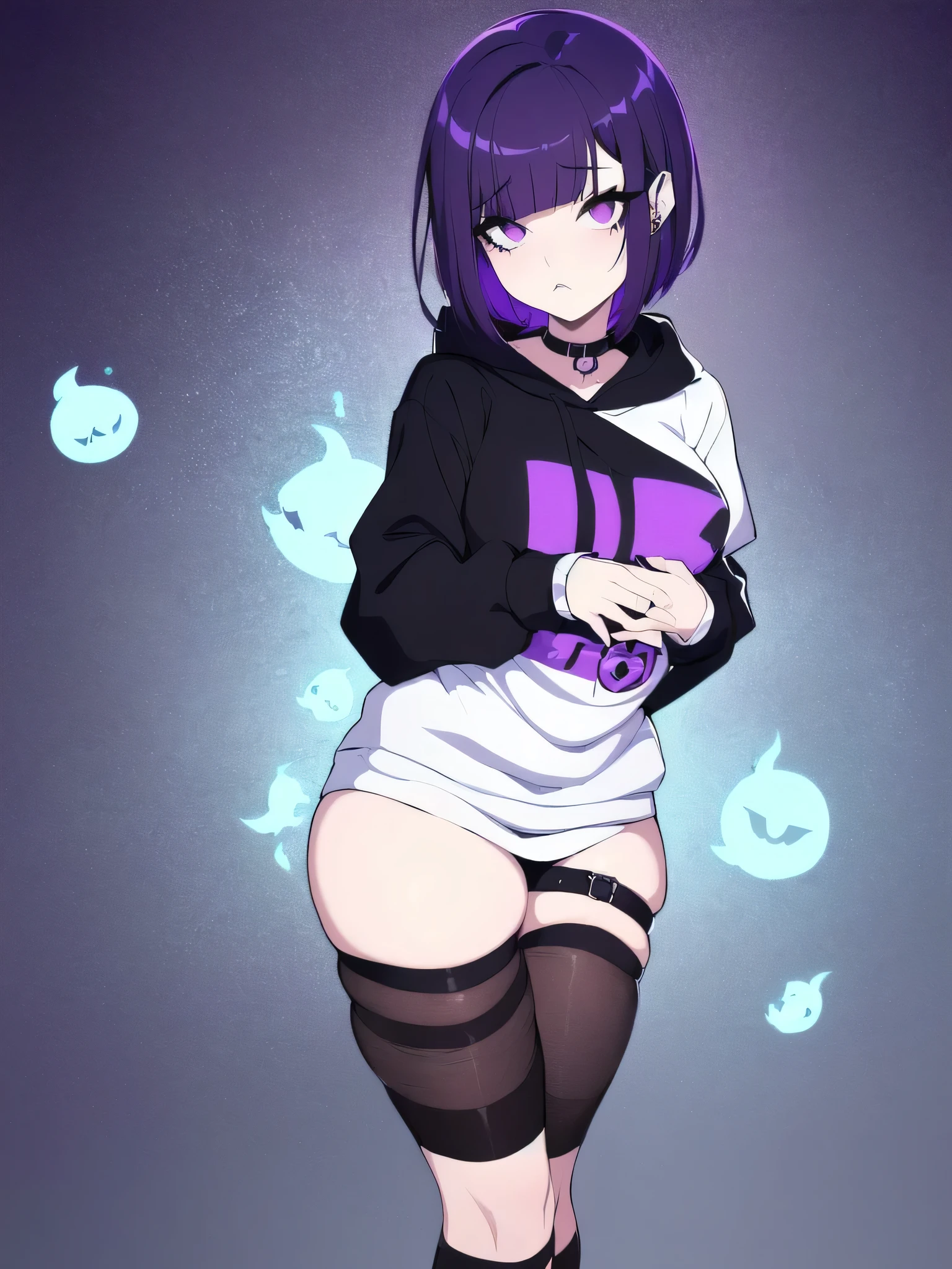 a cartoon girl with baby bangs, dark purple hair and empty white eyes, wearing an overdized black hoodie, bubble goth, gloomy style, anime moe artstyle, 2 d anime style, 1  anime goth girl, chibi, unknown artstyle, pale young ghost girl, gapmoe yandere grimdark, goth girl, gloomy face, tired and haunted expression