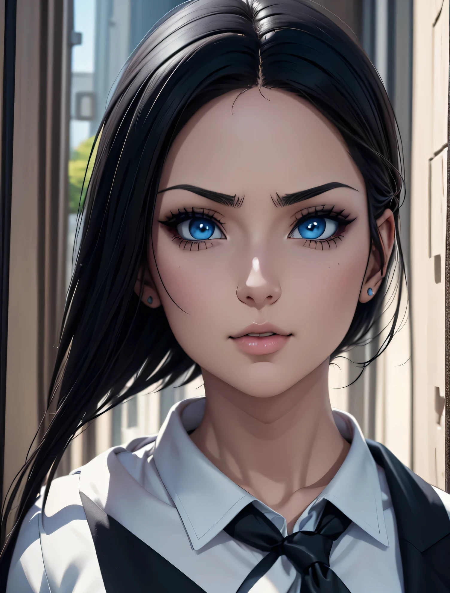 anime 1girl with blue eyes and black hair wearing a tie, realistic artstyle, realistic anime artstyle,, realistic anime 3 d style, commission for high res,  closeup character portrait, stunning  face , 
Solo, Alta resolución, La mejor calidad, Maquillaje, Hiperdetallado, Fotorrealista, Realismo, 