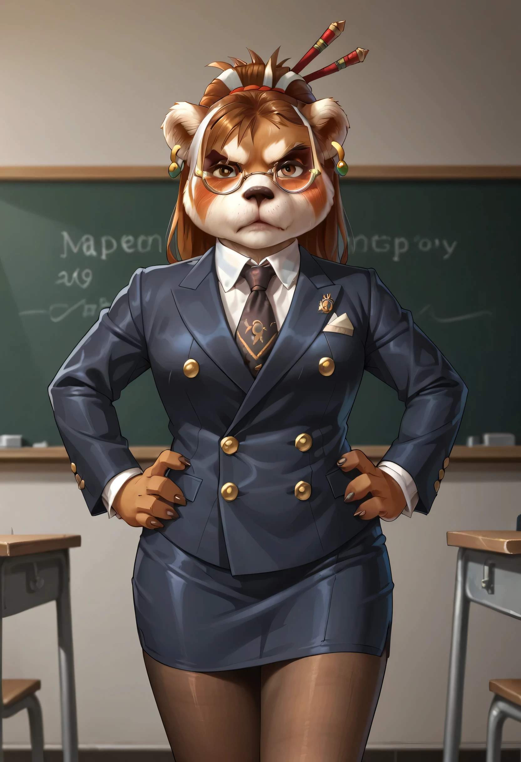 score_9, score_8_up, score_7_up, score_6_up, score_5_up, score_4_up, 1girl, solo, breasts, furry, animal ears, brown hair, brown eyes, earrings, jewelry, hair ornament, glasses, hair stick, double-breasted suits, 1girl, solo, formal, jewelry, suit, necktie, jacket, shirt, jacket, shirt, skirt, makeup, pantyhose, bodycon pencil skirt, cufflinks, standing, annoyed, looking at viewer, blush, hands on hips,
classroom background,
