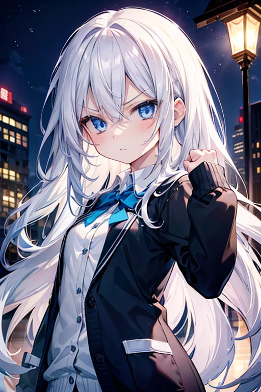 White pantyhose,White hair,Crazy people,Long hair,Cat ear,Heterochromia(Left blue right red),Female face,There are bright spots in the eyes,flat chest,red halo,night,uninhabited alley,Black skirt,With a knife,There are blood stains on the clothes,Blood stains on face,Loss of light in the eyes,Shadow on the face,Fake laugh,Blue tie