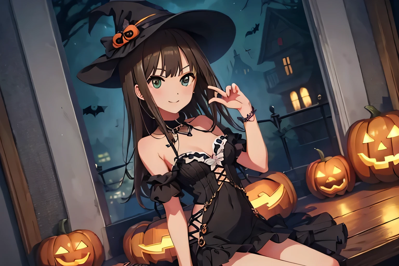 masterpiece、Best Quality、detail、High resolution、Very delicate and beautiful、Sexy Halloween Costumes、smile、solo、Shibuya Rin、Halloween Party、Sitting、Cowboy Shot、Dynamic Angle、Gaze at the viewer