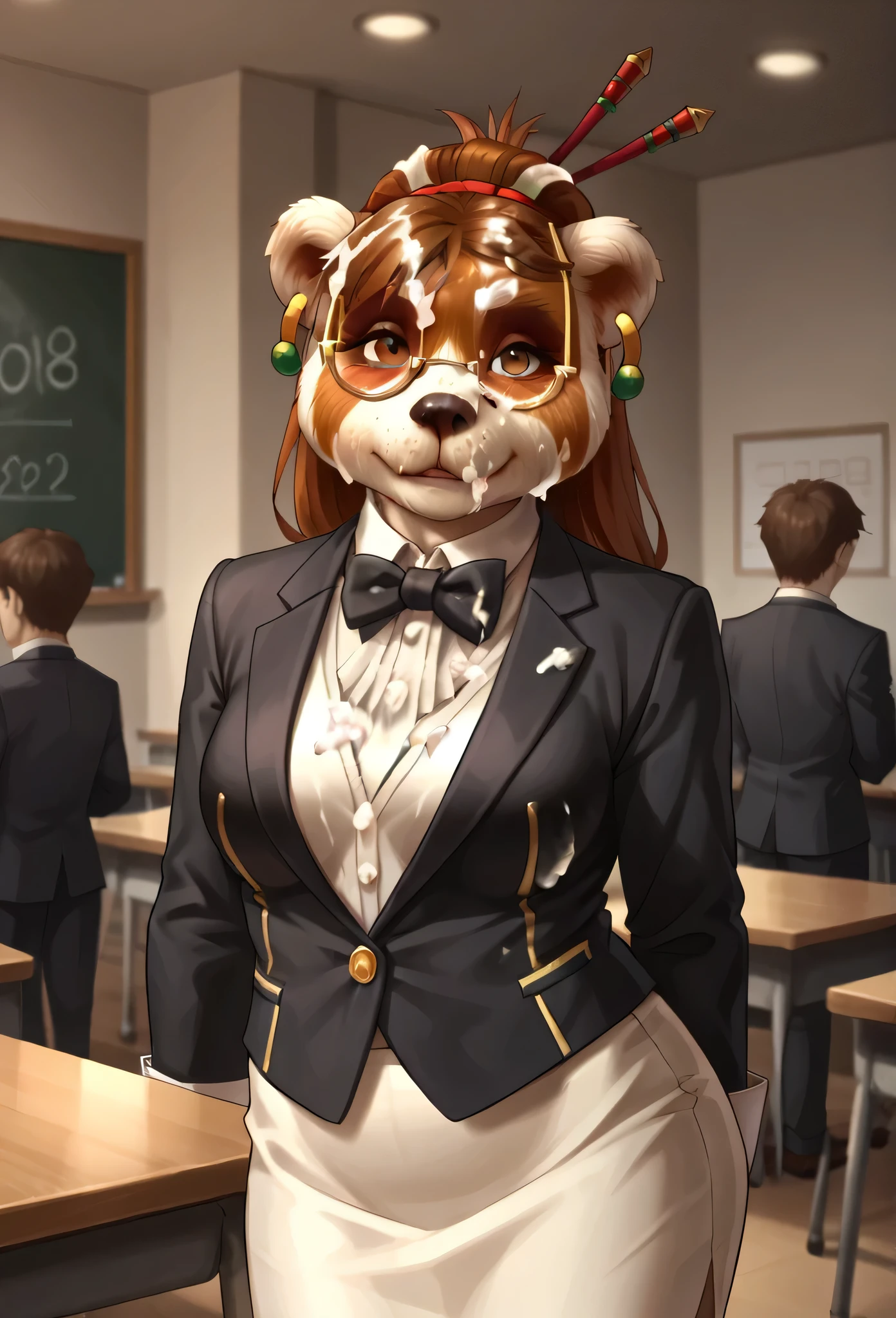 score_9, score_8_up, score_7_up, score_6_up, score_5_up, score_4_up, 1girl, breasts, furry, animal ears, brown hair, brown eyes, earrings, jewelry, hair ornament, glasses, hair stick, tuxedo, 1girl, solo, formal, jewelry, suit, black bowtie, black dinner jacket, white tuxedo dress shirt, shirt, cream skirt, makeup, bodycon pencil skirt, cufflinks, looking at viewer,  cum on face, excessive cum, messy face, glossy face, sticky, cum in hair, bukkake, cum drenched, cum shot, semen covered face, cum in hair, facial, , projectile cum, close up
classroom background,