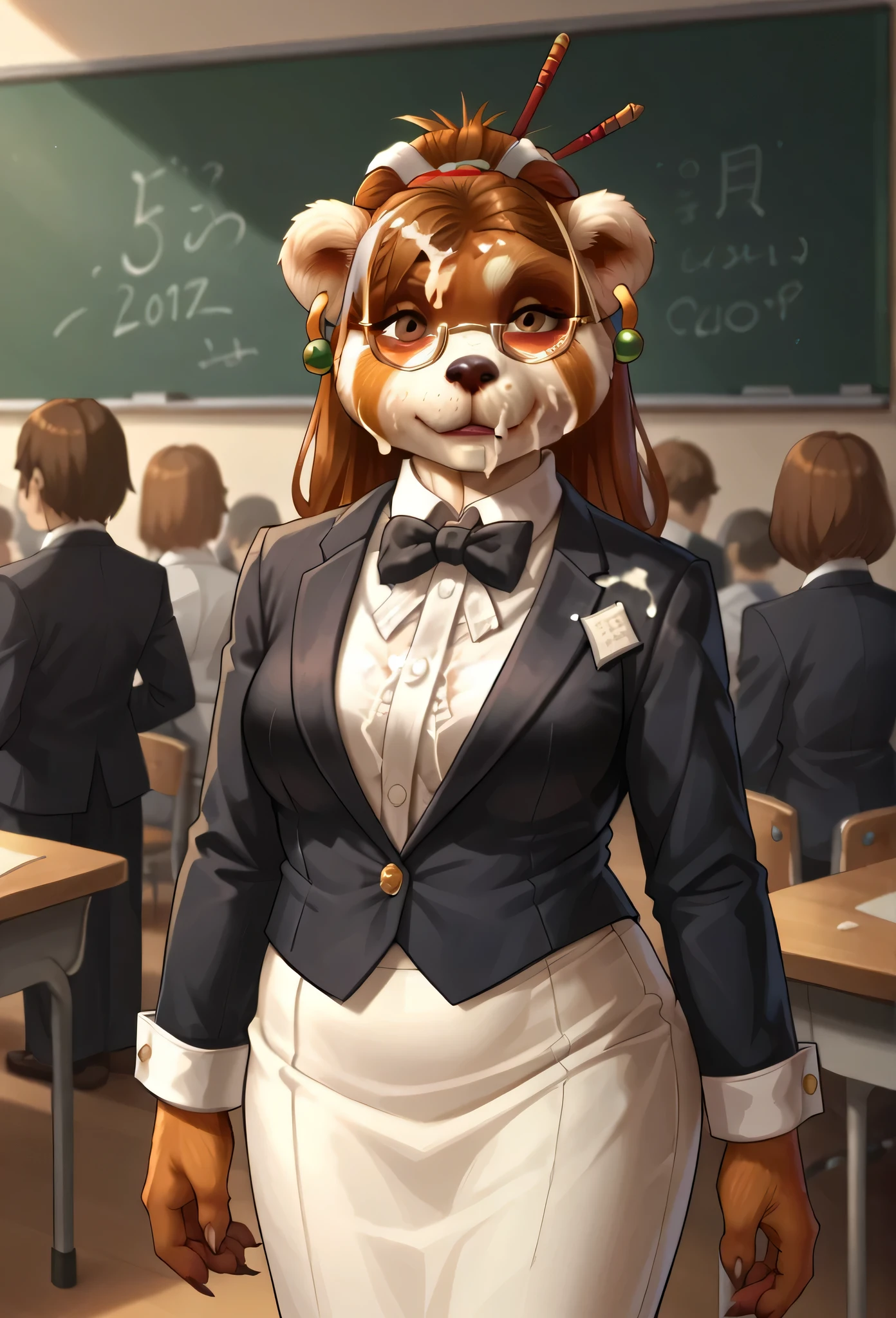 score_9, score_8_up, score_7_up, score_6_up, score_5_up, score_4_up, 1girl, breasts, furry, animal ears, brown hair, brown eyes, earrings, jewelry, hair ornament, glasses, hair stick, tuxedo, 1girl, solo, formal, jewelry, suit, black bowtie, black dinner jacket, white tuxedo dress shirt, shirt, cream skirt, makeup, bodycon pencil skirt, cufflinks, looking at viewer,  cum on face, excessive cum, messy face, glossy face, sticky, cum in hair, bukkake, cum drenched, cum shot, semen covered face, cum in hair, facial, , projectile cum, close up
classroom background,