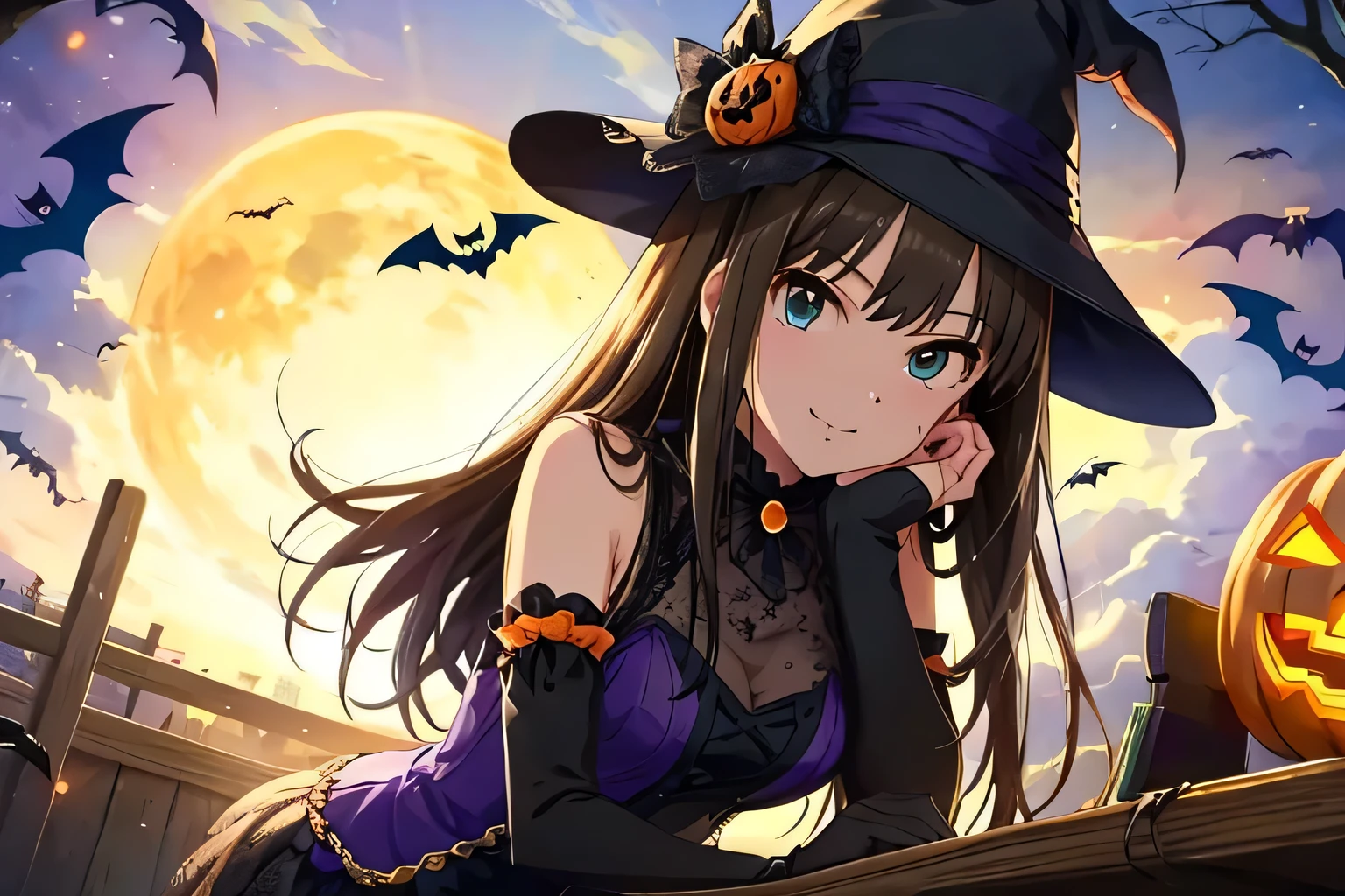 masterpiece、Best Quality、detail、High resolution、Very delicate and beautiful、Sexy Halloween Costumes、smile、solo、Shibuya Rin、Halloween Party、Crouching、Cowboy Shot、Dynamic Angle、Gaze at the viewer