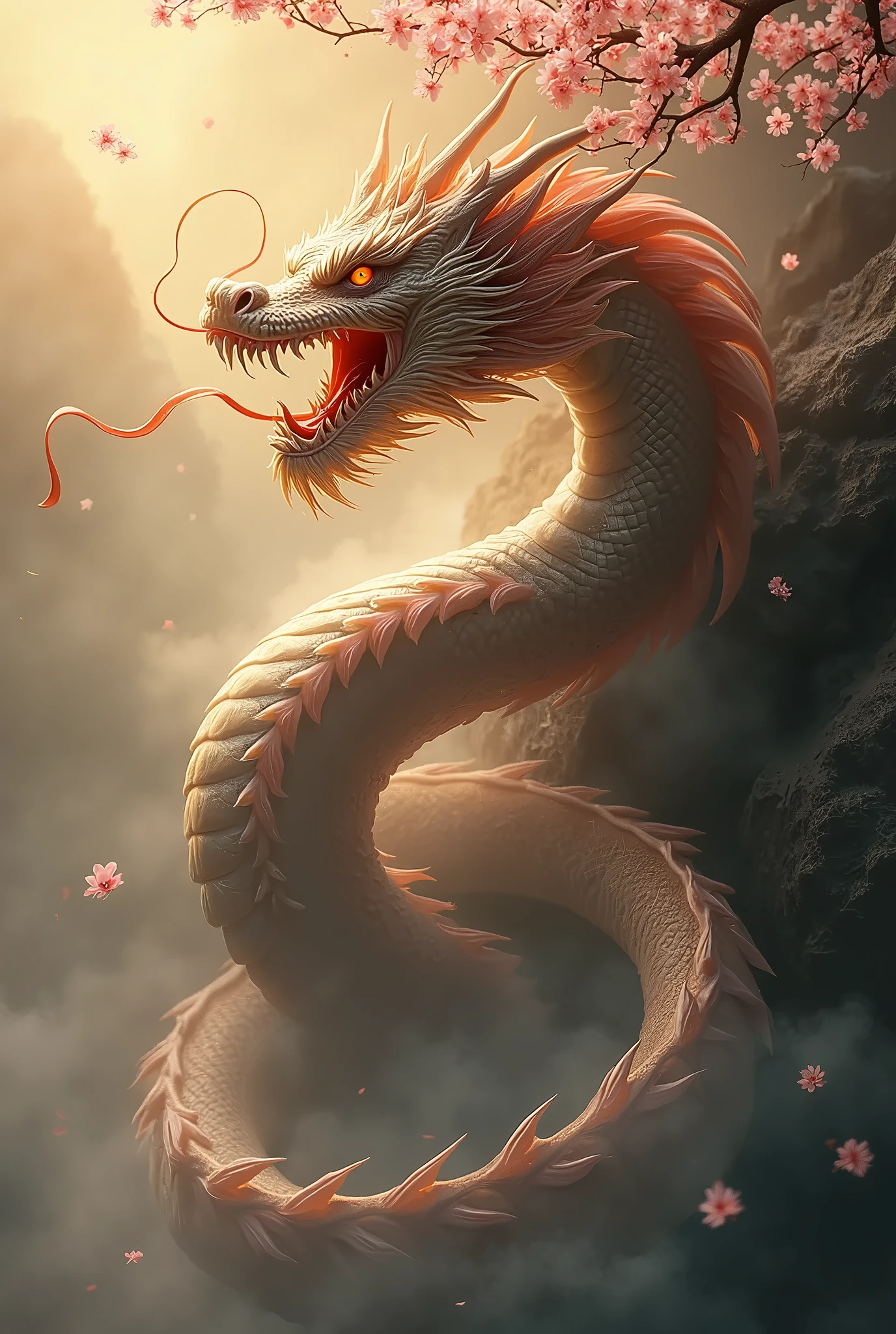 Dragon and Triad themed Guild Crest does not use human images and focuses on the details of the dragon with cherry tree in the background