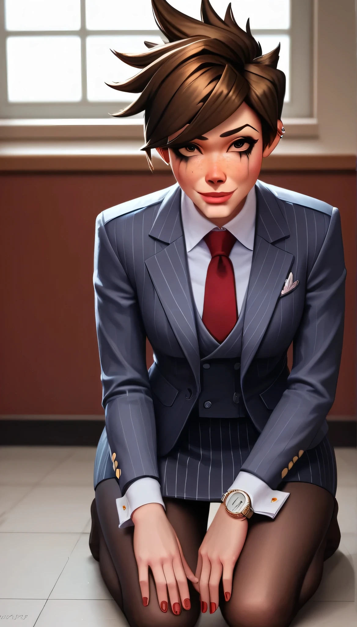 score_9, score_8_up, score_7_up, score_6_up, source_anime,  three-piece suit, tracer, 1girl, solo, brown hair, short hair, freckles, smile, pretty, formal, jewelry, navy pinstripe suit, red silk necktie, earrings, jacket, shirt, kneeling, blowjob, penis in mouth, oral sex, fellatio, deepthroat, saliva, running mascara, window, watch, navy pinstripe jacket, wristwatch, light blue shirt with white collar, red lips, navy pinstripe skirt, makeup, black pantyhose, cufflinks, black lapel trim, brown eyes, red nails,High Resolution, Blush, white cuffs,