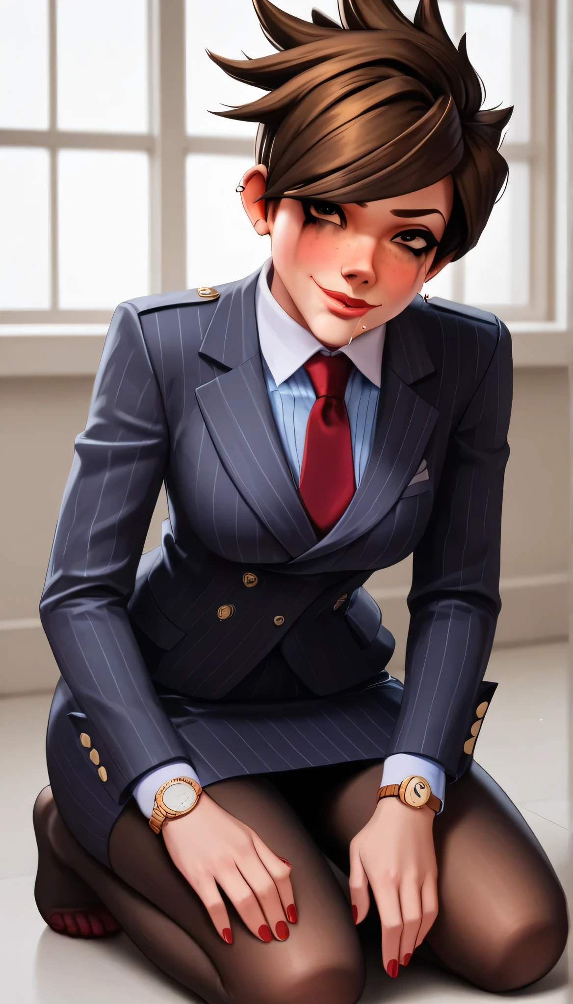 score_9, score_8_up, score_7_up, score_6_up, source_anime, three-piece suit, tracer, 1girl, solo, brown hair, short hair, freckles, smile, pretty, formal, jewelry, navy pinstripe suit, red silk necktie, earrings, jacket, shirt, kneeling, blowjob, penis in mouth, oral sex, fellatio, deepthroat, saliva, running mascara, window, watch, navy pinstripe jacket, wristwatch, light blue shirt with white collar, red lips, navy pinstripe skirt, makeup, black pantyhose, cufflinks, black lapel trim, brown eyes, red nails,High Resolution, Blush, white cuffs,