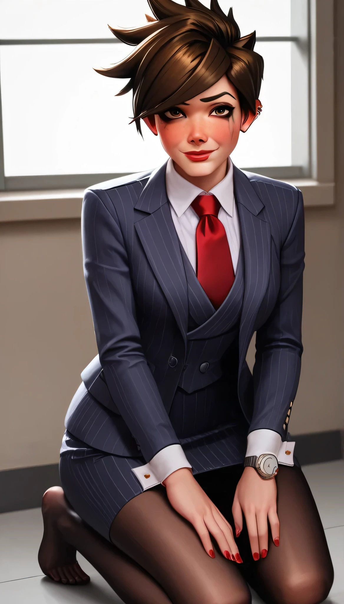 score_9, score_8_up, score_7_up, score_6_up, source_anime,  three-piece suit, tracer, 1girl, solo, brown hair, short hair, freckles, smile, pretty, formal, jewelry, navy pinstripe suit, red silk necktie, earrings, jacket, shirt, kneeling, blowjob, penis in mouth, oral sex, fellatio, deepthroat, saliva, running mascara, window, watch, navy pinstripe jacket, wristwatch, light blue shirt with white collar, red lips, navy pinstripe skirt, makeup, black pantyhose, cufflinks, black lapel trim, brown eyes, red nails,High Resolution, Blush, white cuffs,