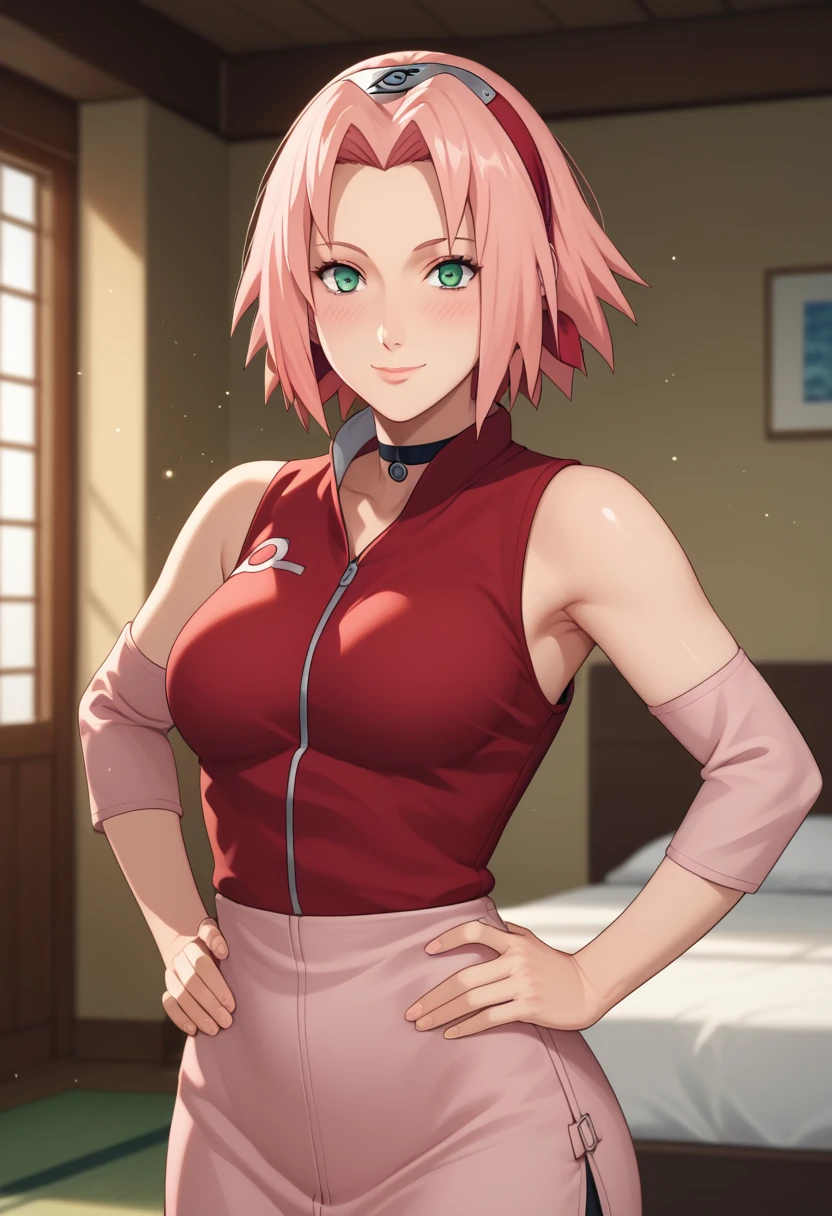 score_9,score_8_up,score_7_up,score_6_up,score_5_up,score_4_up BREAK skinny,choker,medium breasts,detached sleeves, indoors ,shiny skin,bokeh,bloom,indoors,light particles, bedroom,1girl, clear eyes, haruno sakura,pink hair,short,hair,green eyes,forehead protector, mature female, blush, model pose, naughty smile, perfect model body, wide hips, hands on hips, 