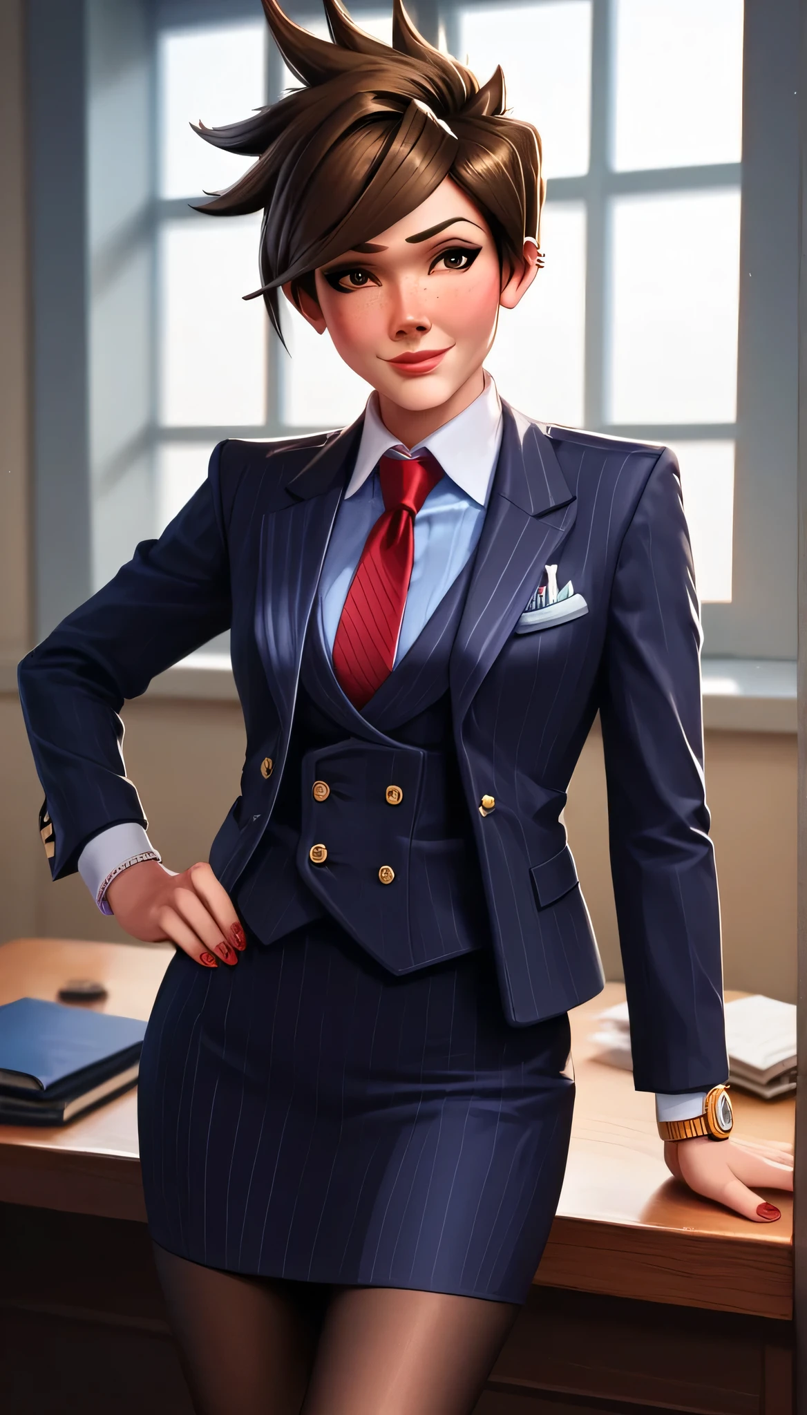 score_9, score_8_up, score_7_up, score_6_up, source_anime,  three-piece suit, tracer, 1girl, solo, brown hair, short hair, freckles, smile, pretty, formal, jewelry, navy pinstripe suit, red silk necktie, earrings, jacket, shirt, standing, hand on hip, window, black eyes, watch, navy pinstripe jacket, wristwatch, light blue shirt with white collar, red lips, navy pinstripe skirt, makeup, black pantyhose, cufflinks, black lapel trim, brown eyes, red nails,High Resolution, Blush, white cuffs, hand on desk, 