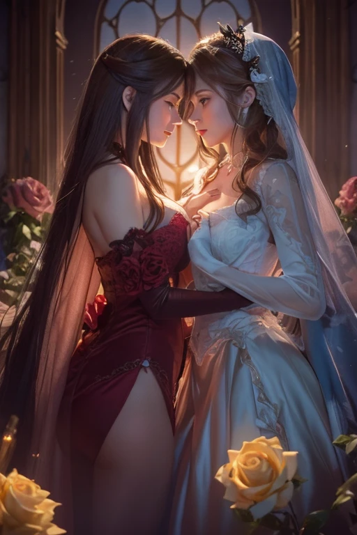 arafed, high details, best quality, 16k, [ultra detailed], masterpiece, best quality, (extremely detailed), dynamic angle, ultra wide shot, RAW, photorealistic, a wide angle picture of a vampire bride biting her groom, a [female vampire] bride (best details, Masterpiece, best quality) vampire female in a white wedding gown with bloody gown (best details, Masterpiece, best quality), best detailed face (best details, Masterpiece, best quality), ultra feminine, grey skin, red haired, long hair, wedding hair cut style, blue eyes, intense eyes, wearing white latex wedding dress bloody gown (best details, Masterpiece, best quality), wearing white high heels, in the honeymoon suite (best details, Masterpiece, best quality), biting the the groom, bloody face, BREAK a beautiful human man (best details, Masterpiece, best quality), ultra detailed face (best details, Masterpiece, best quality), wearing a wedding tuxedo (best details, Masterpiece, best quality), honeymoon suite background, Ultra-Wide Angle, high detail, award winning, best quality, HD, 16K, 3D rendering, high details, best quality, highres, ultra wide angle, 3D rendering, [[anatomically correct]]
