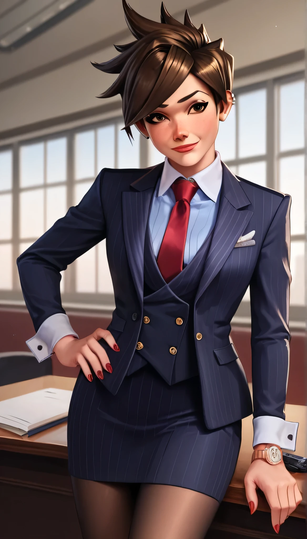 score_9, score_8_up, score_7_up, score_6_up, source_anime,  three-piece suit, tracer, 1girl, solo, brown hair, short hair, freckles, smile, pretty, formal, jewelry, navy pinstripe suit, red silk necktie, earrings, jacket, shirt, standing, hand on hip, window, black eyes, watch, navy pinstripe jacket, wristwatch, light blue shirt with white collar, red lips, navy pinstripe skirt, makeup, black pantyhose, cufflinks, black lapel trim, brown eyes, red nails,High Resolution, Blush, white cuffs, hand on desk, 