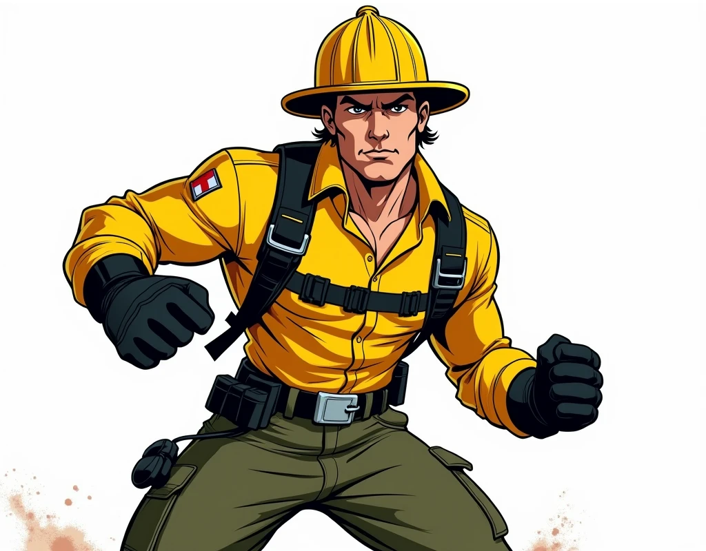 ((comic art)), (cartoon style) a 5, Close up of wildland fireman with Masculine handsome face head, a firefighter yellow helmet on his head, Olive green fireman pants, a long sleeve Yellow Shirt, a a black belt, wearing black working gloves. He is looking serious. dynamic action pose. The image has a white background