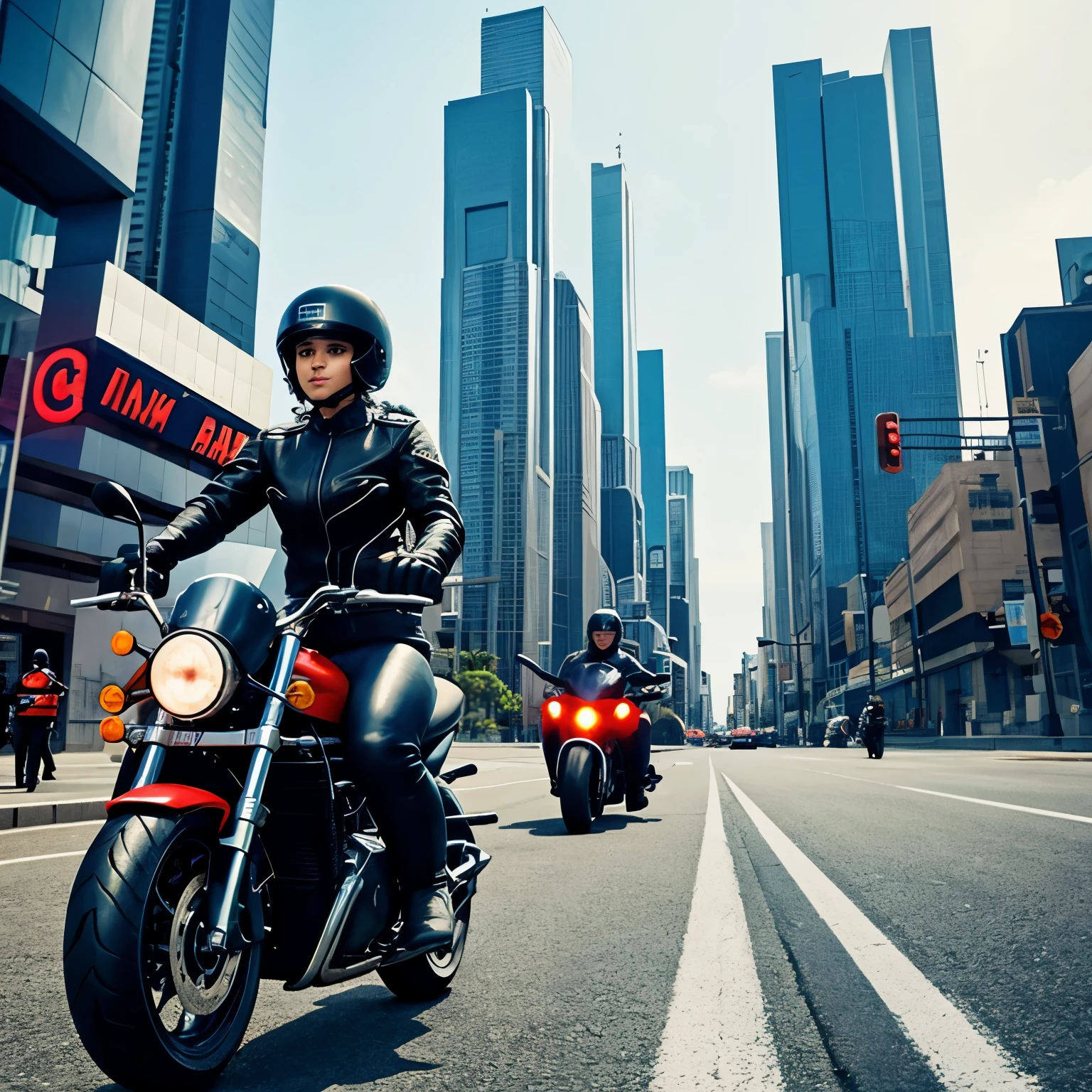 A cute girl dressed in leather riding a motorbike and being chased by the police in a futuristic city