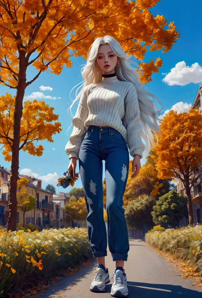 (Reality: 1.1, surreal): 1.2, stylish details: 1.2), (large mouth, closed mouth), white background knit with black vertical stripes, hard denim pants, orange sneakers. There is an Albino girl next to her. (White hair: 1.2, gray eyes: 1.2), meadow outdoor, sunny day, autumn, blue leaves, blue sky, movie scenes, aesthetics, peace, peace, (best quality, very detailed masterpiece, 16K, Ultra -High ), Vivid colors, vivid colors, professional, volume lighting, movie lighting,