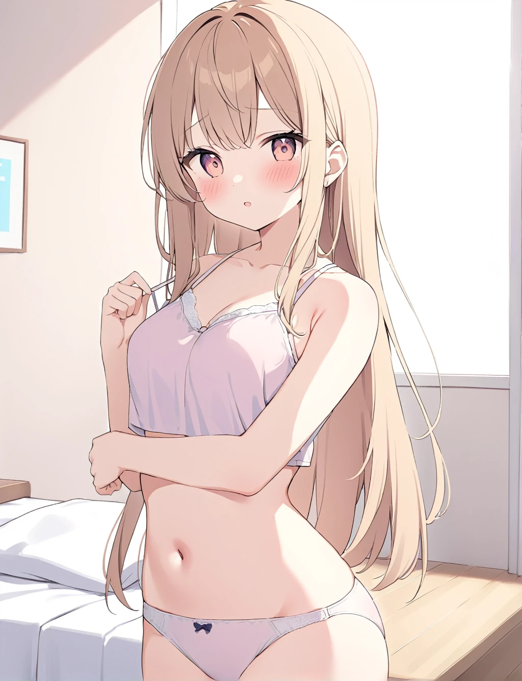 Cute loli，long whitr hair，Leaky shoulders，Barefoot，head looking up，Lie on the bed，Raise your feet，shift dresses，white panties，largeeyes，Anime cute face，Loli，long white socks，Lift the skirt，huge tit naked