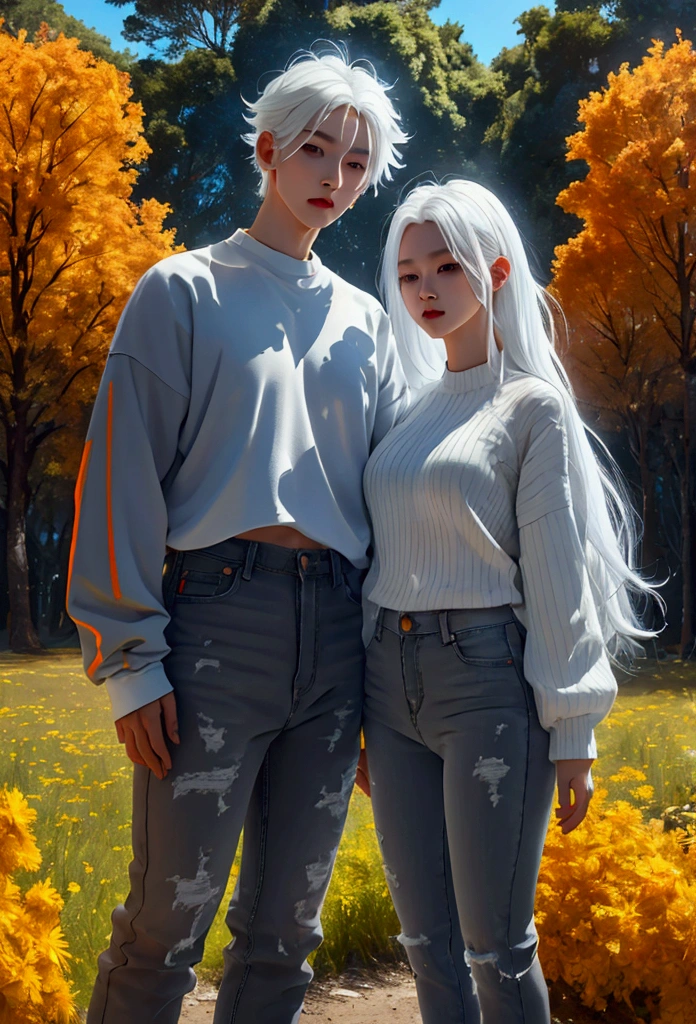 (reality : 1.1, 초reality : 1.2, masterpiece, Refined details : 1.2), (big mouth, Closed mouth), White background knit with black vertical stripes, Tight denim pants, Orange Sneakers. There is an albino next to her. (white hair : 1.2, Gray eyes : 1.2), Meadow Outdoor, Sunny day, autumn, greenery, blue sky, movie scene, aesthetics, peace, peace, (Best quality, 매우 상세한 reality적인 masterpiece, 16k, Ultra -High resolution ), Vivid colors, Vivid colors, specialty, volume lighting, Movie lighting,