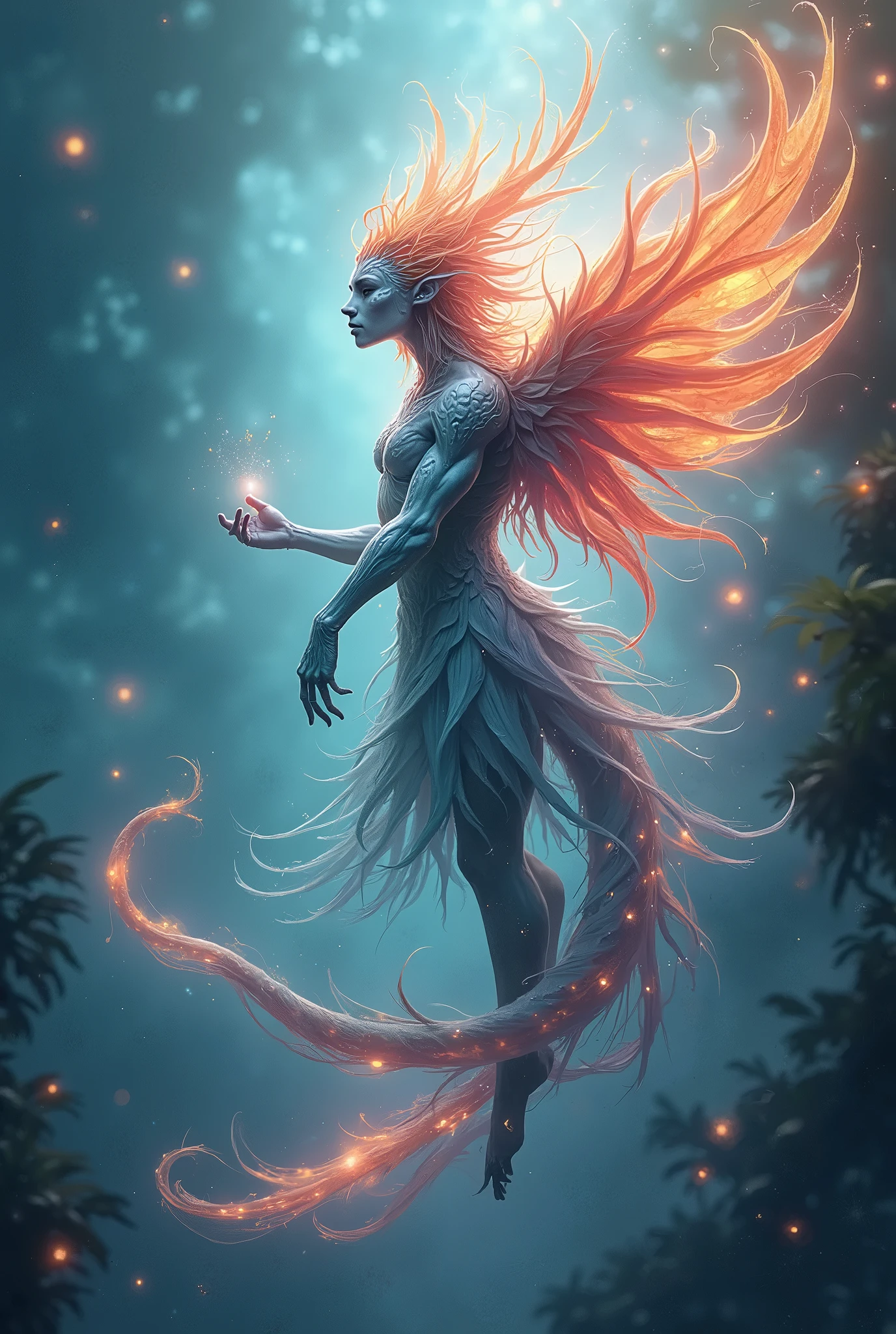 (focus on a hauntingly beautiful bioengineered creature:1.2),Human-like alien landscape, smile, skin,hornfire,Without clothes, full body,Fire tail Barefoot snake wing,dreadful colorful dark unfocused background, (ultra resolution:2), detailed masterpiece.