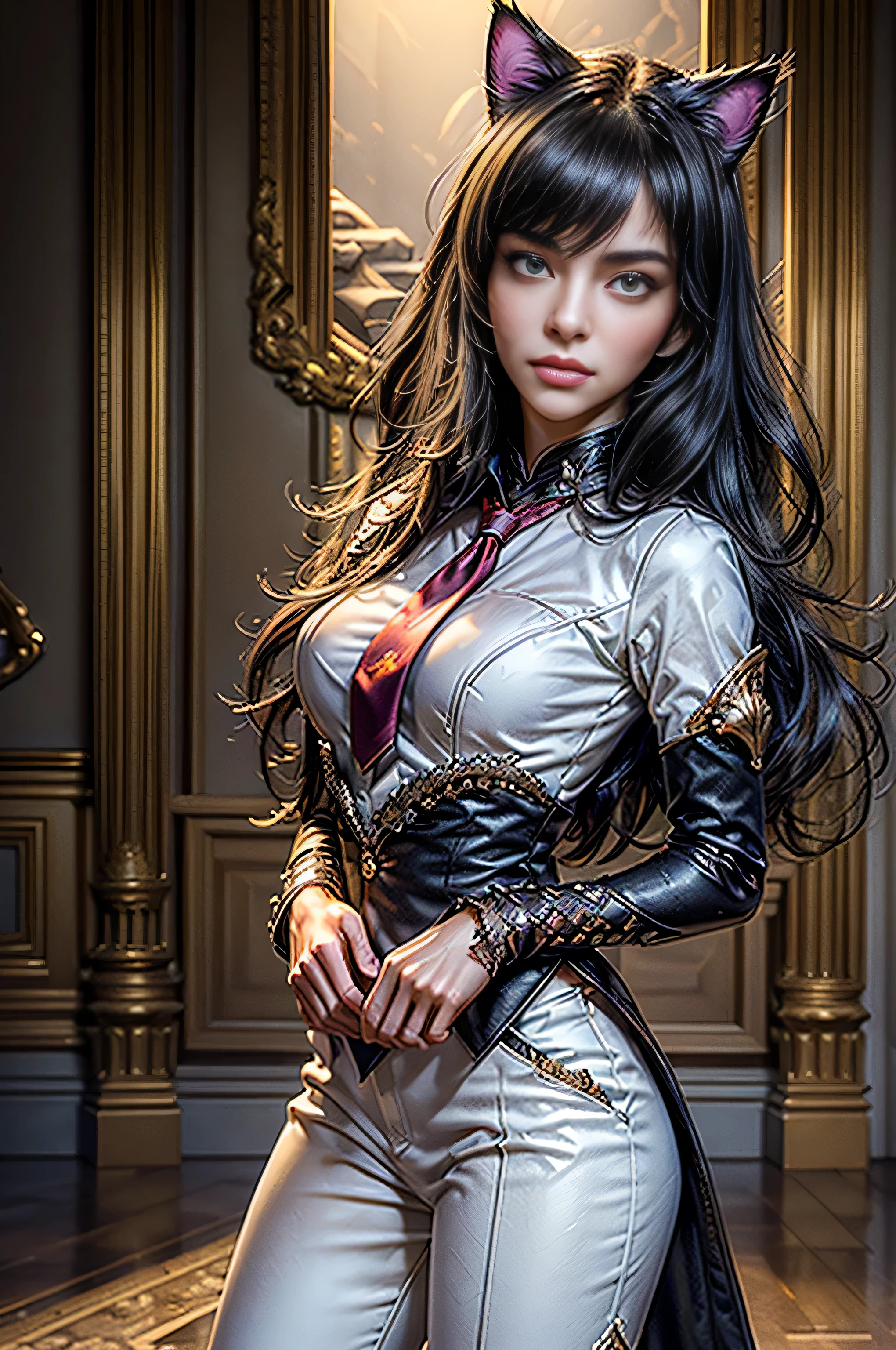 (masterpiece, best quality:1.2), solo, 1girl, cowboy shot, blake belladonna, expressionless, closed mouth, looking at viewer, cat ears, formal, white suit, red necktie, white pants, pointy footwear, standing inside huge palace, stairway, (masterpiece,stunning girlfriend, heart shaped face, elegant face, beautiful face, highly detailed face, highly detailed skin, skin pores, subsurface scattering, realistic pupils, looking at viewer, full lips, detailed background, depth of field, atmospheric perspective, volumetric lighting, sharp focus, absurdres, realistic proportions, good anatomy, (realistic, hyperrealistic:1.4), 16k hdr,