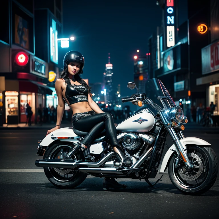 at night, 1girl, solo, large-breast sexy slim woman, bikini top, mini skirt, black sunglasses, wind-blowing hair, glove, speeding a classic motorcycle in action, supercar chasing behind, half-body medium shot, hologram cyberpunk street as background.