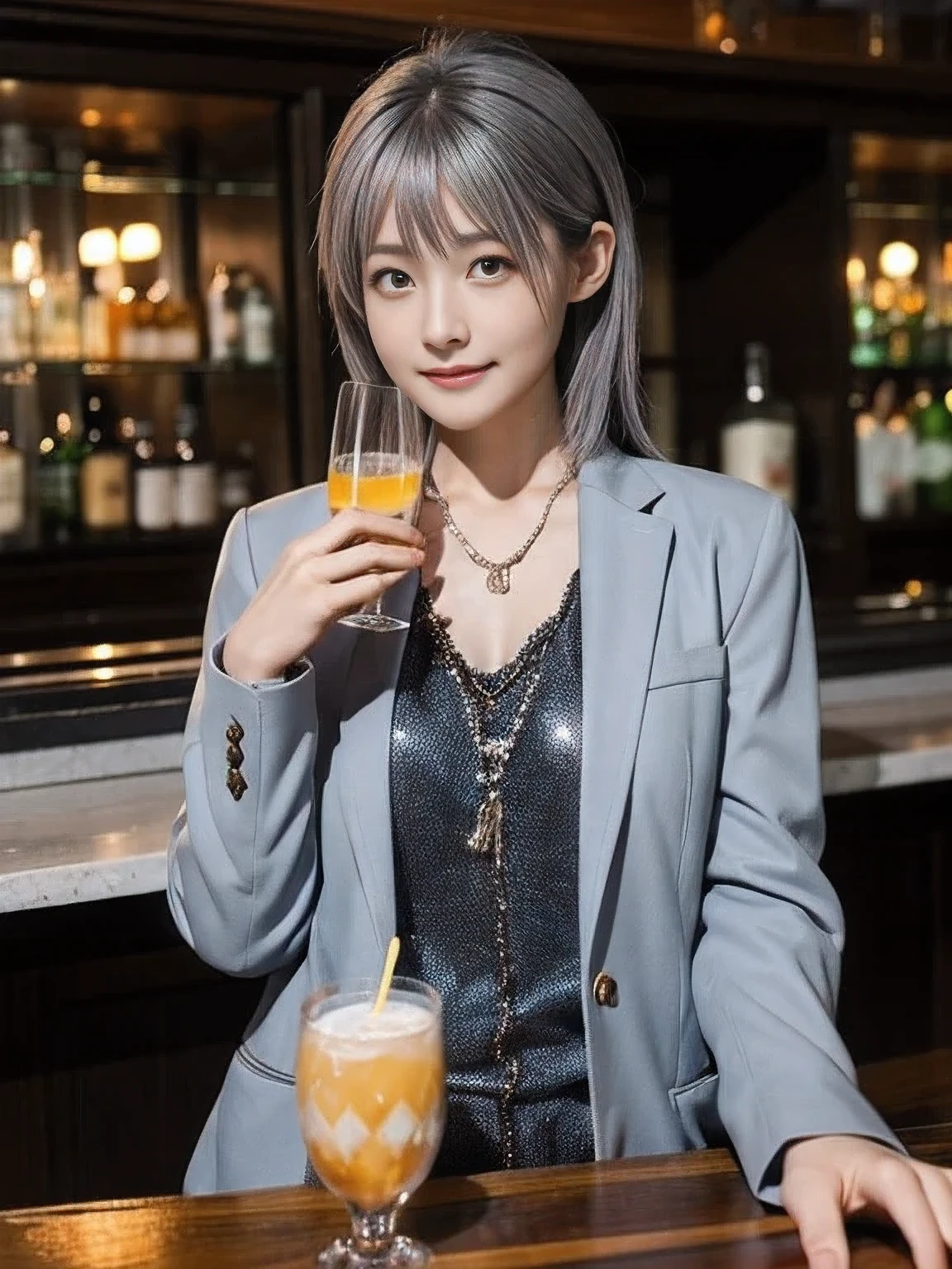 Look up，demi-corps，OriginalPhoto，At the empty table，Drink lemon juice，Burgundy leather coat，Exposed shoulder，silverlong hair，Gray lace，Gray hair
