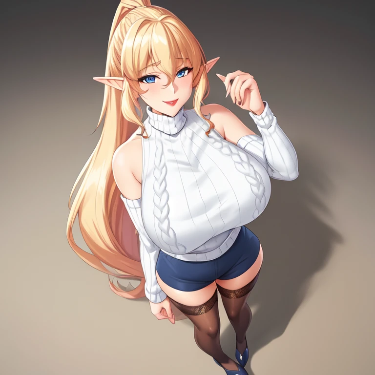 young elf girl, blue eyes, blue Pullover, black long skirt, whole body to see, smiled, excited, moans, blond long hair, sexy pose, big breasts, wide hips