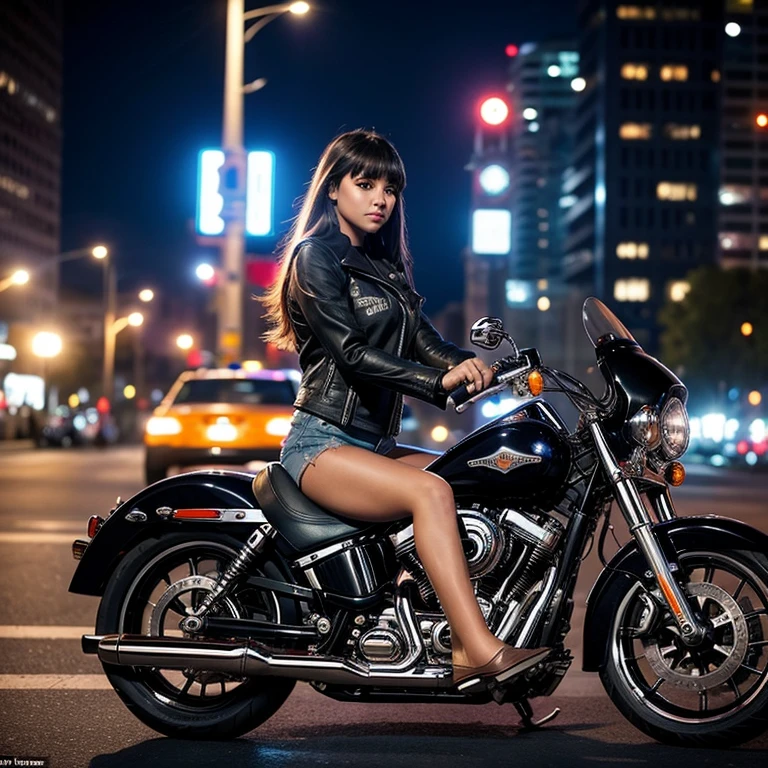 Create a provocative, realistic image of a sensual woman posing on a motorcycle. The scene takes place at sunset in an urban environment. The woman is dressed in fitted leather clothing, with a black leather jacket slightly open, revealing a black lace bra. She wears high-heeled boots and motorcycle gloves. Her long, wavy hair is slightly tousled in the wind. She sits provocatively on the bike, with one leg resting on the tank and the other on the ground, accentuating her curves. The bike is a black and chrome Harley-Davidson, sparkling under the city lights. The neon lights and city lights in the background add a nocturnal, urban ambience to the scene. The sunset light reflects softly off the motorcycle's body and the woman's skin, creating an atmosphere both romantic and daring.
She's a woman with golden skin and long, curly brown hair. Her face is ultra-realistic, a breathtaking beauty that harmoniously blends her Franco-Brazilian and Spanish origins. Her dark brown eyes are captivating and fascinating, and her long curly hair falls down her back.