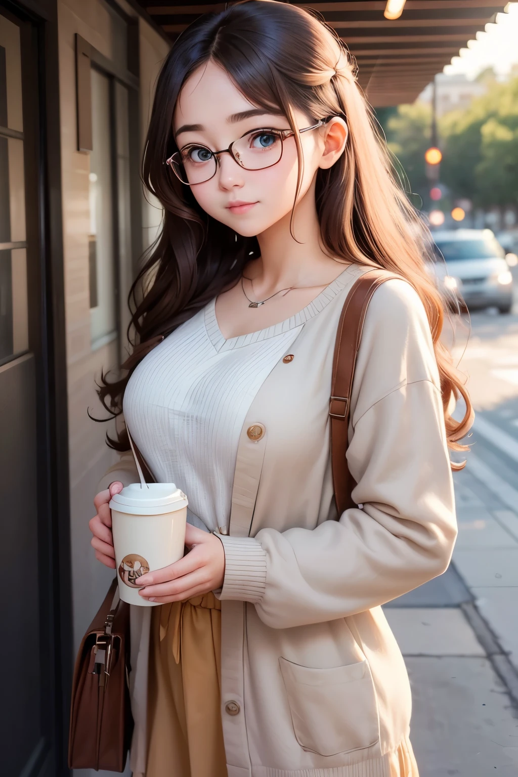 A young woman is holding a coffee cup in her hand， Cute face，Cute natural anime face，With a cute face, Young and pretty face, Beautiful girl face, 茶色の髪とBig eyes, Cute pretty girl, Beautiful light、Glasses，Big eyes，Girl&#39;s Temptation，