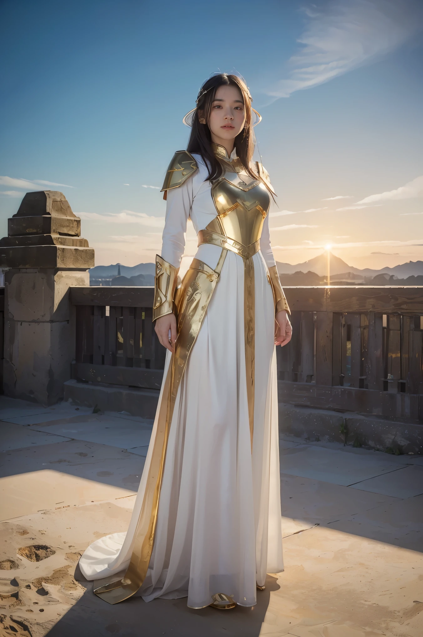 Pretty hijab girl, army of king, masterpiece, UHD, super detailed, super realistic. (((full body view))). Women knight. Great design costum. Background sands. Day light. Various live action pose. Beautiful hijab, closed thick hijab dress. 1girl. Pretty face. Extremely detailed. Ultra realistic. 