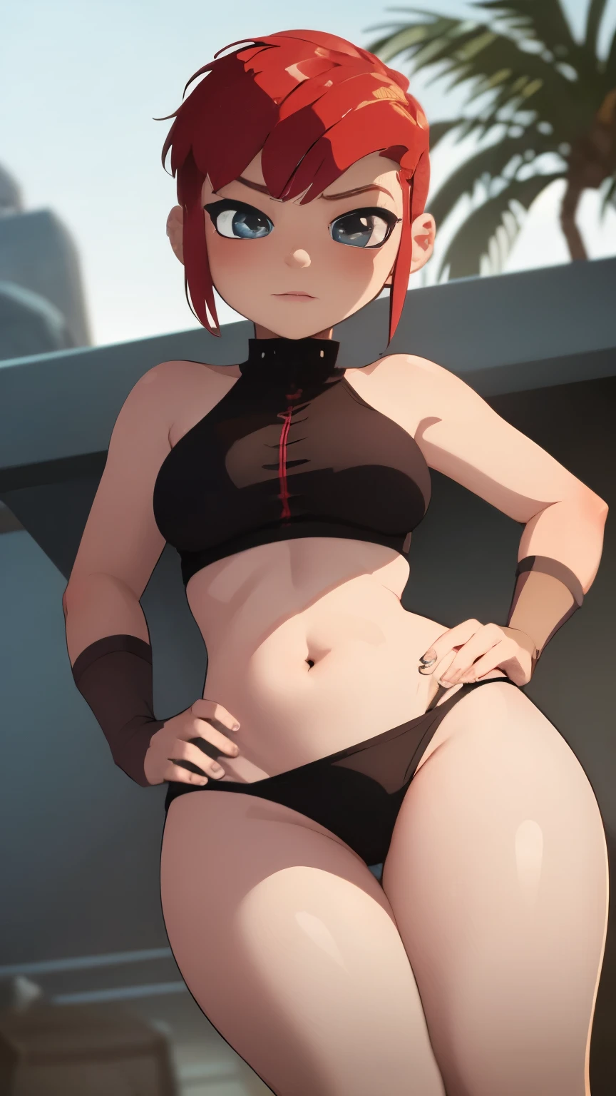 Nimona has large breasts showing and she is wearing her bikinis 