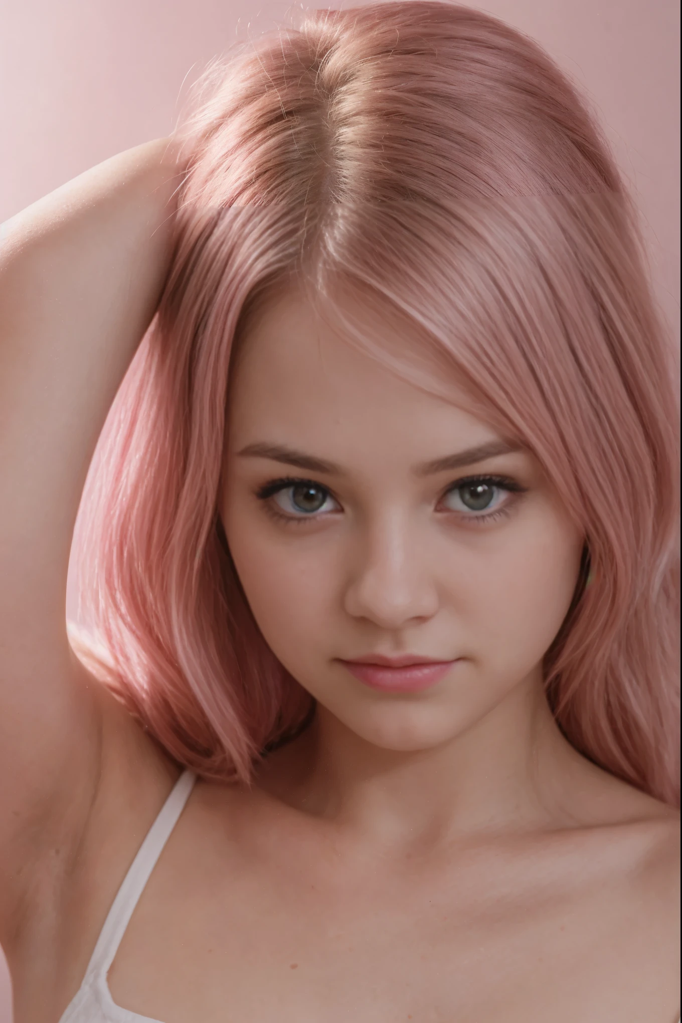 A girl, pink hair, face photo, looking at the camera, realistic:1.4. soft lighting:1.2
