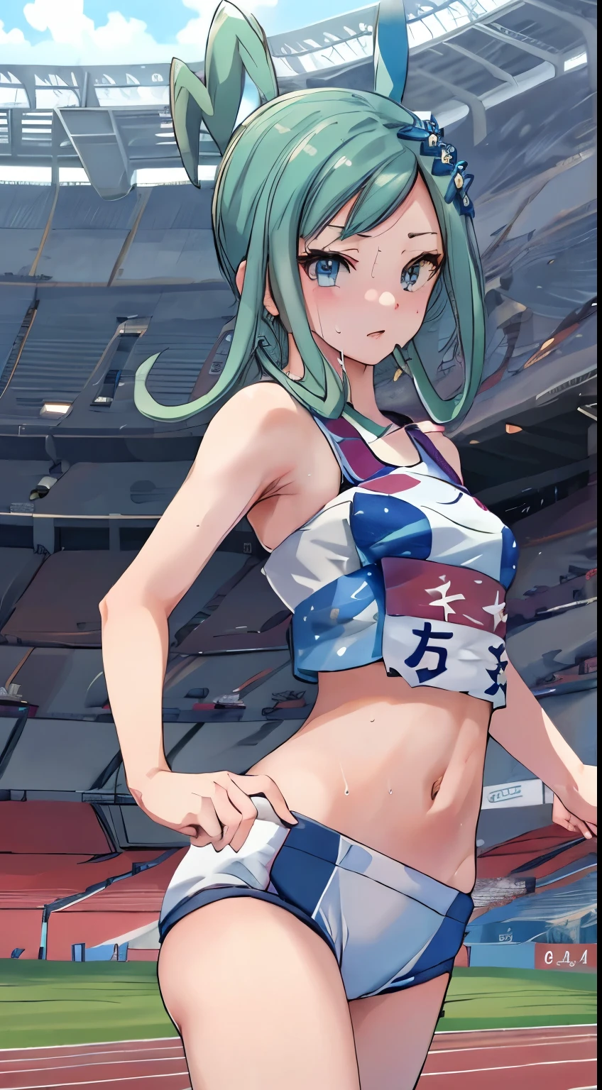 Highly detailed eyesと顔，Highly detailed eyes, Ultra-realistic 8k CG，masterpiece（（Detailed background，Delicate pattern，Intricate details, Detailed and beautiful eyes）），The best quality in the best condition，Very very very detailed face，((OlympicStadium)), Small breasts, shy, sweat, Waistline, Athletics, Cute ass, Olympic競技場, Japan national team players, masterpiece of the highest quality, High resolution, 
list, pokemon_list, 1 girl,
whole body, Stadium,Olympic, Looking into the camera, 1 girl, , software, High resolution,masterpiece of the highest quality, ,1 girl, Athleticsのユニフォーム,