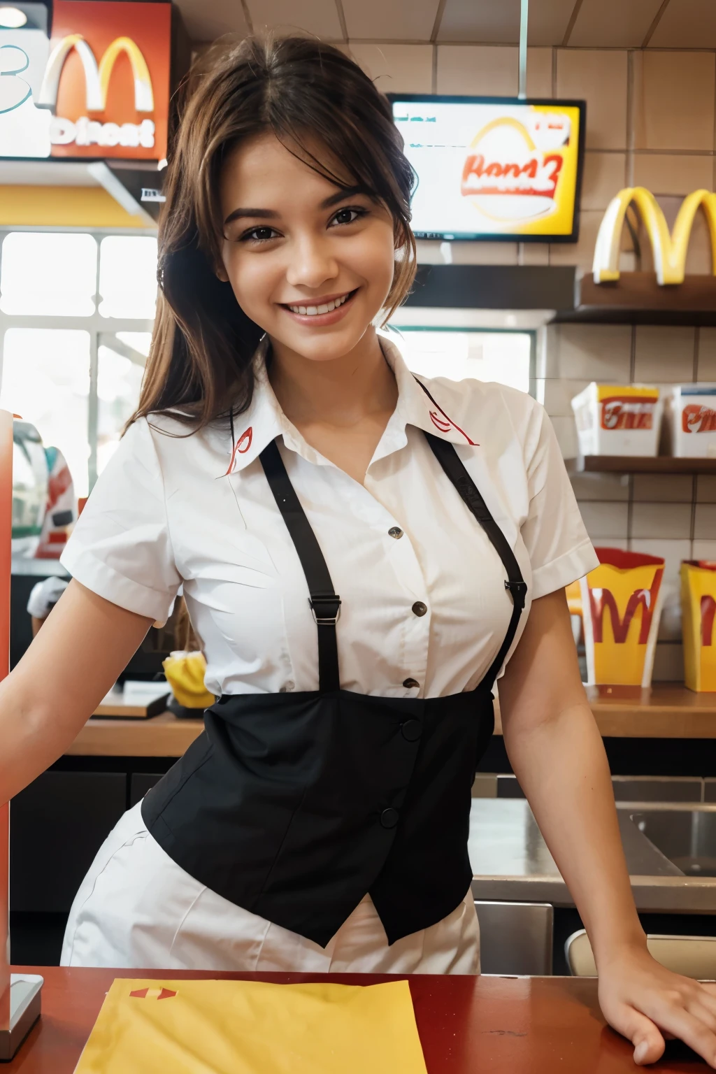 (((high-definition images, atmospheric perspective, 8k, super detail, accurate, best quality, angle from below, in the dark))), ((staff selling stuff at the market, southeast Asia)), ((smiling, wear a thin short apron with various patterned and colored, unbuttoned shirt, sweat, looking at me to seduce, slut)), small breasts, (hiding her beautiful nipples with Asian traditional apron), (food festival at night, customers, place many people pass), crouching, ((spread legs to show off her pubic with spotting blur)), close up her lower body, braid,