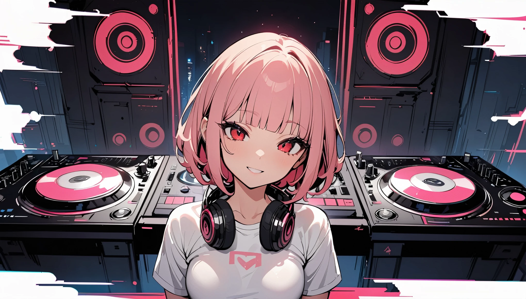 (high quality, 8k, 4K, High Contrast, masterpiece:1.2, 最high quality, Best aesthetics), Beautiful illustrations, High contrast, Flat Color, dynamic angle, ((Operating DJ equipment:1.5)), ((1 girl)), Perfect Face, (Happy expression), ((Red eyes)), Cute and symmetrical face, Shiny skin, extra short hair, ((blunt bangs)), pink Hair, Short Height, Beautiful Face, Beautiful fine details, Beautiful clavicle, Beautiful body, small tits, (Cap),(DJ headphones around the neck), ((LargeＴshirt)), (club)