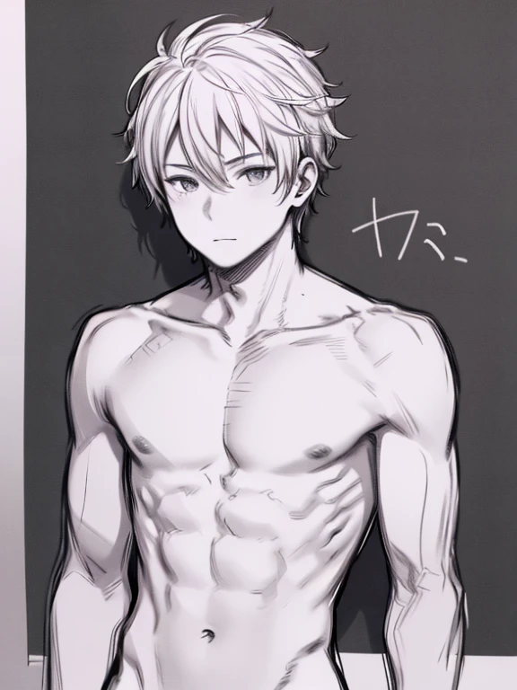A drawing of a man wearing a bodysuit, very sexy, toned body, arms up and behind the head, Medium hair, wild look, stick marked under the fabric.