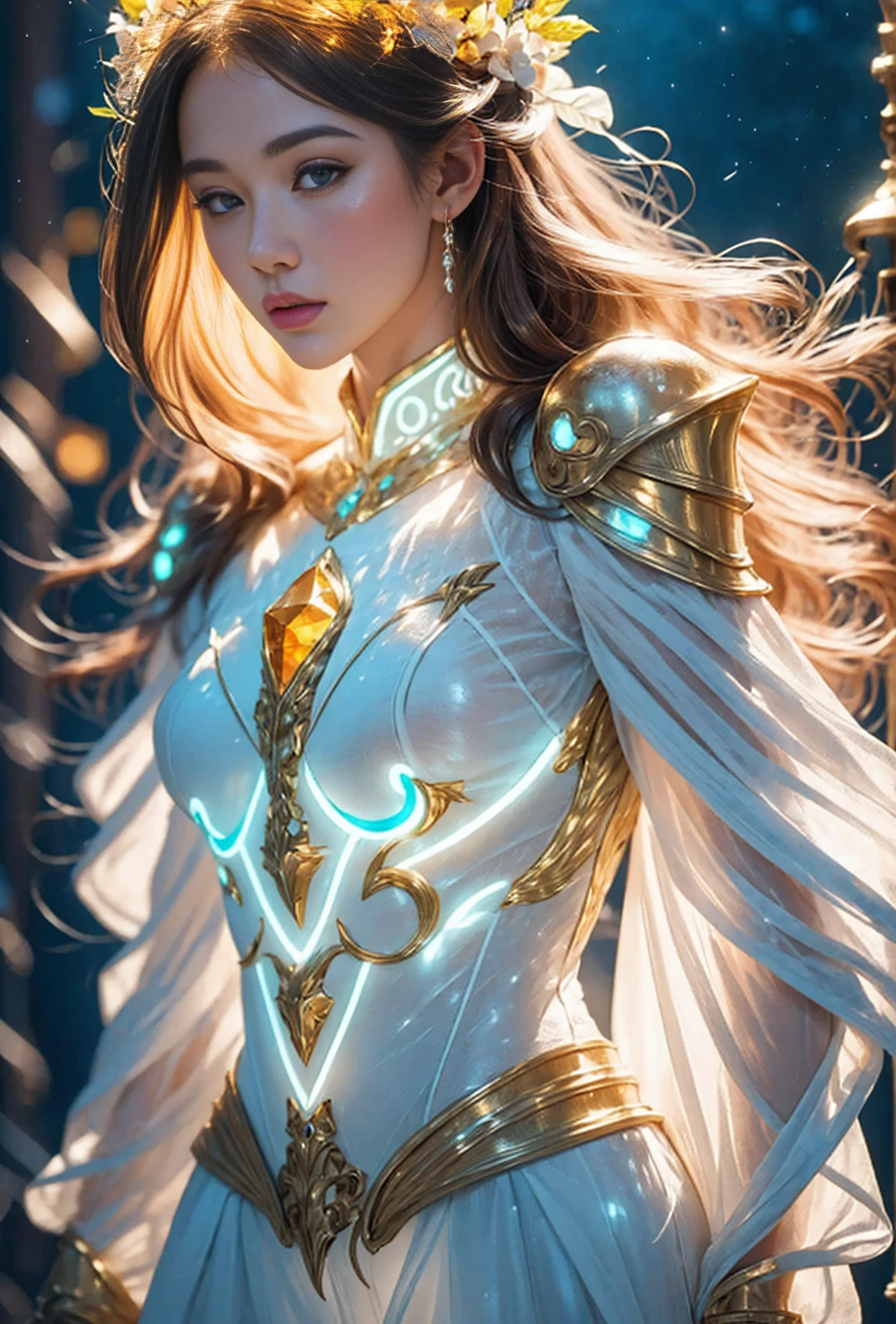 a detailed white shining armor, a detailed white helmet, a large detailed white sword, a mysterious golden gemstone inside the armor, a cosmic white hole background, a white aura, white neon lights