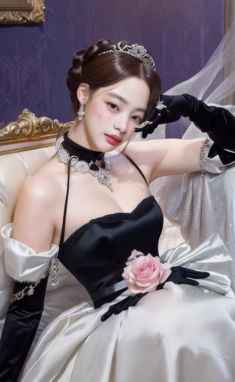 a painting of a woman in a dress and gloves sitting on a bed and golden eyes,  elegant, artwork in the style of guweiz, girl wearing a black dress, highly detailed exquisite, genderbend elegant, an elegant gothic princess, royal elegant pose, 🤤 girl portrait, realistic aesthetic, small freckles, hyper realistic teenager, barbie doll, freckles!!!, detailed face, realistic face, realistic fingers, jisoo from blackpink , popular south korean makeup, quality detailed ,(beautiful makeup :1.2), big breath, big tits, big ass, 