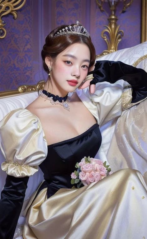 a painting of a woman in a dress and gloves sitting on a bed and golden eyes,  elegant, artwork in the style of guweiz, girl wearing a black dress, highly detailed exquisite, genderbend elegant, an elegant gothic princess, royal elegant pose, 🤤 girl portrait, realistic aesthetic, small freckles, hyper realistic teenager, barbie doll, freckles!!!, detailed face, realistic face, realistic fingers, jisoo from blackpink , popular south korean makeup, quality detailed ,(beautiful makeup :1.2), big breath, big tits, big ass, 