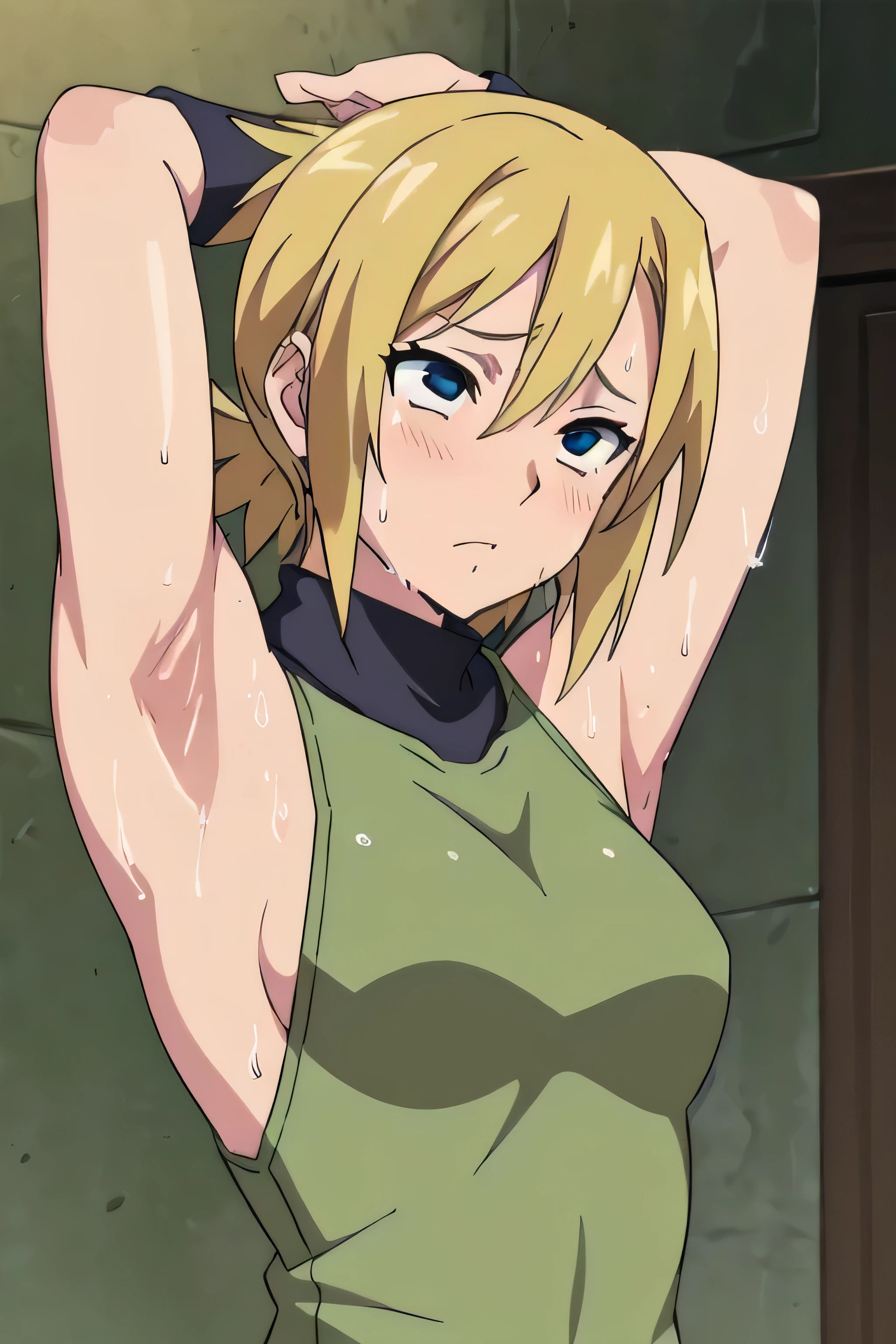 Temari,1girl, solo,armpits,wet armpits, showing wet armpits, armpit,armpits,sweat,sweaty,sweaty armpits,awesome armpits,tired,exhausted,arms up,blackish arm warmers,sleeveless