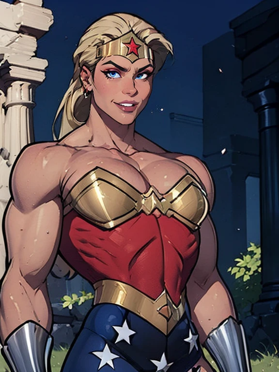 Wonder Woman costume, handsome young man, 1, tall, ponytail, shiny blonde hair, piercing eyes