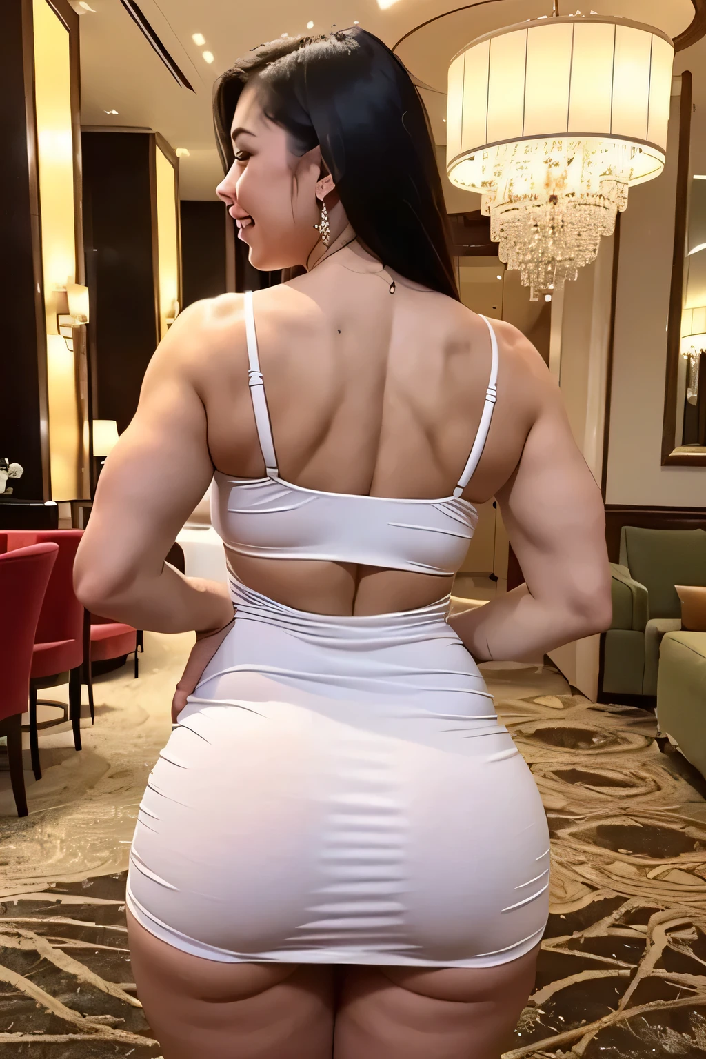 (8k),(high quality),(high resolution),(Beautiful woman),(Young woman),(muscle:1.2),(saggy big breasts:1.2),(chubby),(happy:1.3),(tareme:1.3),(Back:1.3),(Bitch:1.3),(Hotel),(dress)