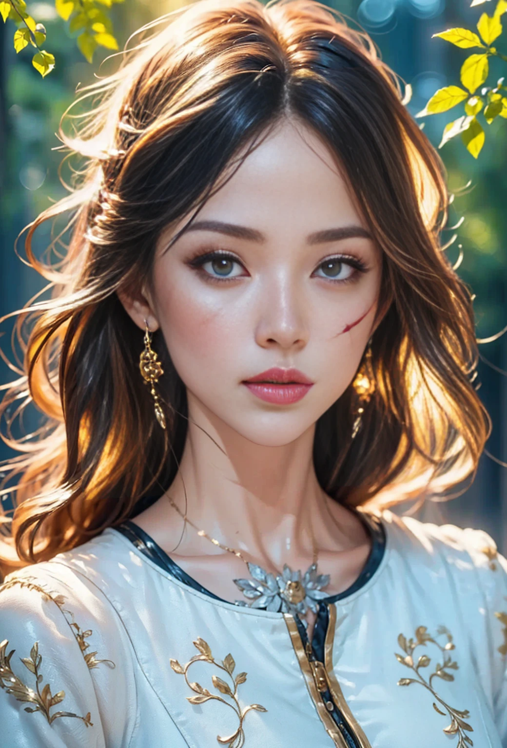 1 woman, round face shape, pale skin, beautiful detail eye, beautiful detail lips, very detailed eye and face, long eyelashes, long hair, bangs, scars of the left eye, white jacket, very detailed, high resolution, screenshot, best Quality (4K, 8K, HIGHRES, Masterpiece: 1.2)