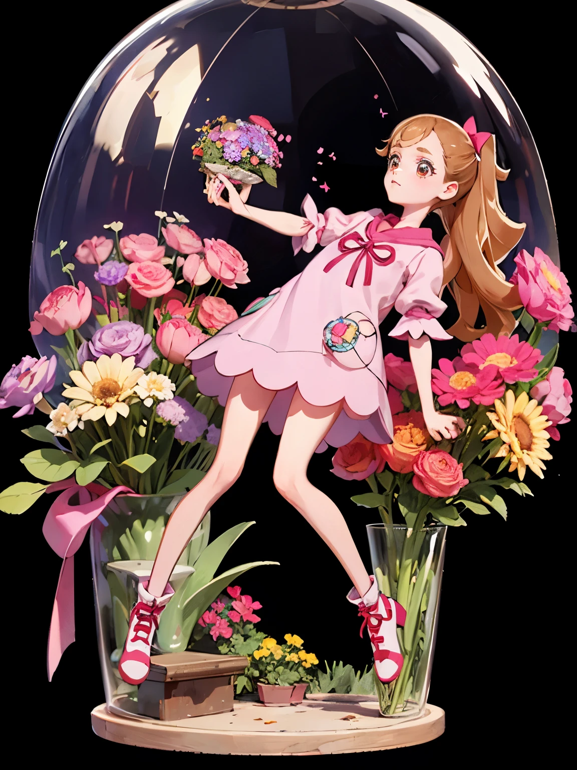 Realistic Skin, , Very short，Very thin thighs，，Small child:1.3，((Fully transparent:1.3) 透けたflower柄カジュアルドレス)，naked，outside，Park garden in early autumn，flower，Girl&#39;s Temptation，
