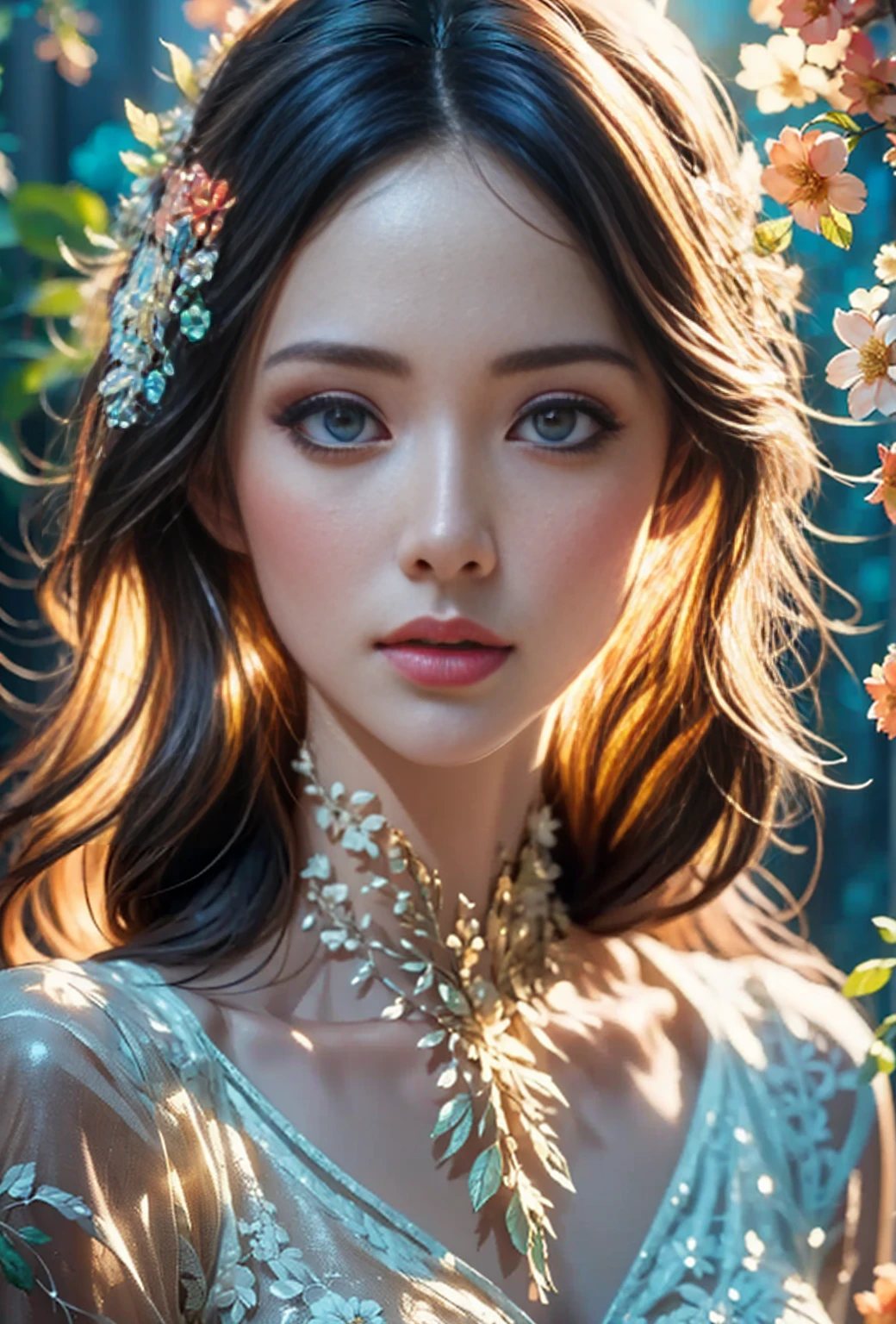 a woman with her face covered by flowers, beautiful detailed eyes, beautiful detailed lips, extremely detailed eyes and face, long eyelashes, detailed floral pattern dress, soft lighting, cinematic lighting, intricate floral design, highly detailed, 8k, photorealistic, masterpiece, elegant, delicate, serene, dreamy, muted color palette, warm color tones