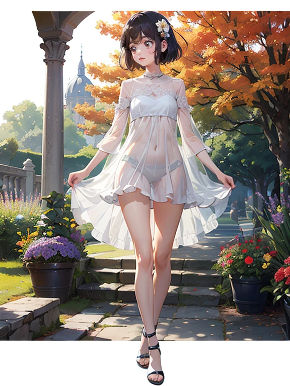 Realistic Skin, , Very short，Very thin thighs，，Small child:1.3，((Fully transparent:1.3) 透けたflower柄カジュアルドレス:1.3)，naked，outside，Park garden in early autumn，flower，Girl&#39;s Temptation，