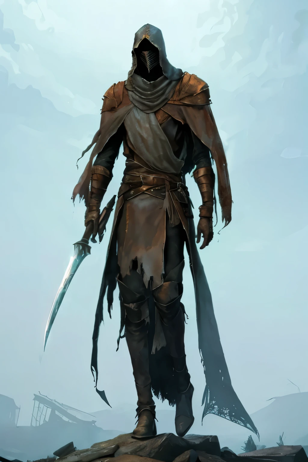 (full view), wide perspective, an old painting of a very tall and lanky humanoid, really long neck, uncanny (inhuman) proportions, very long torso, very thin, covered in mismatched armor pieces: rusted or polished, repaired or falling apart. wearing a shabby torn cloak, ruined shawl, tattered cowl hanging off helm, ruined scarf wrapped tightly around thin long neck, battered helmet sits atop head beneath cowl, faceplate covered in a triangular array of upward facing arched slits(like multiple smiles stacked on top of one another), baggy clothes poking out from underneath the armor plates, disheveled, beastly, horror, body like the Dancer of The Voreal Valley from Dark Souls franchise