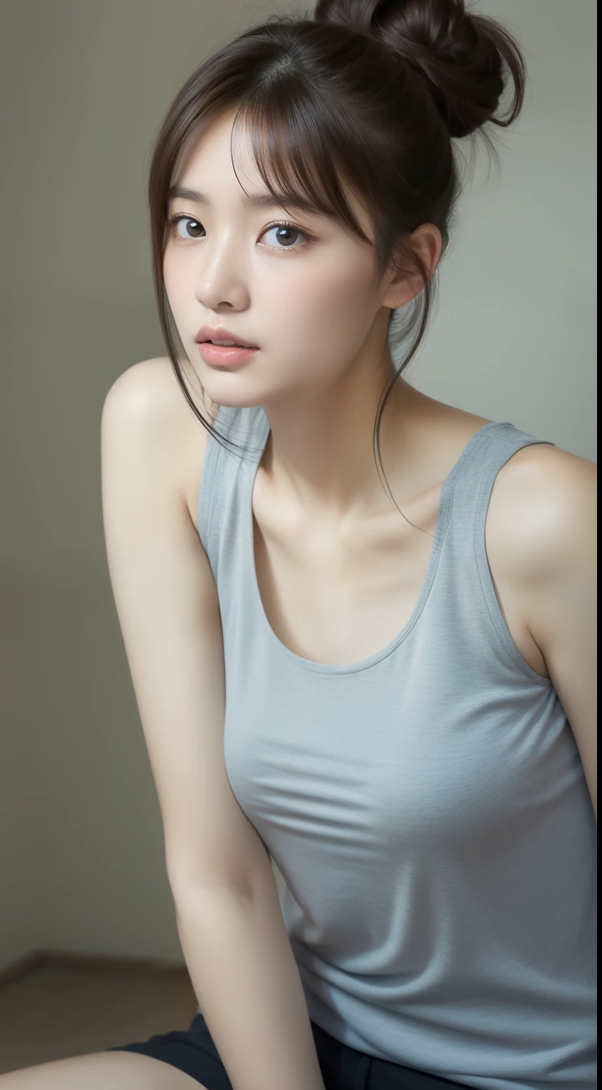 ((sfw: 1.4)), (( extra short hair, sidelocks-hair, 1Girl)),solo,((18 years old)), (wearing  white tanktop:1.5),((short denim pants)) Ultra High Resolution, (Realistic:1.4), RAW Photo, Best Quality, (Photorealistic Stick), Focus, Soft Light, ,((Japanese)), (( (young face))), (surface), (depth of field), masterpiece, (realistic), , bangs,,()