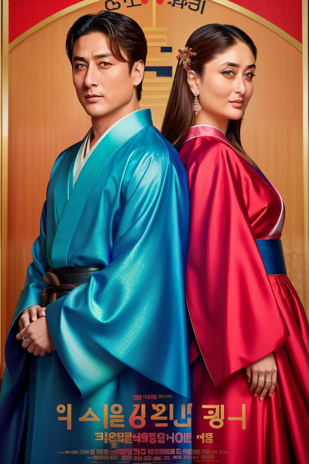 A Hollywood movie poster with Kareena Kapoor and Lee Min-h. They're wearing Korean king and queen dresses. Kareena is wear kimono, 6 persons in the poster, japanese historical love poster